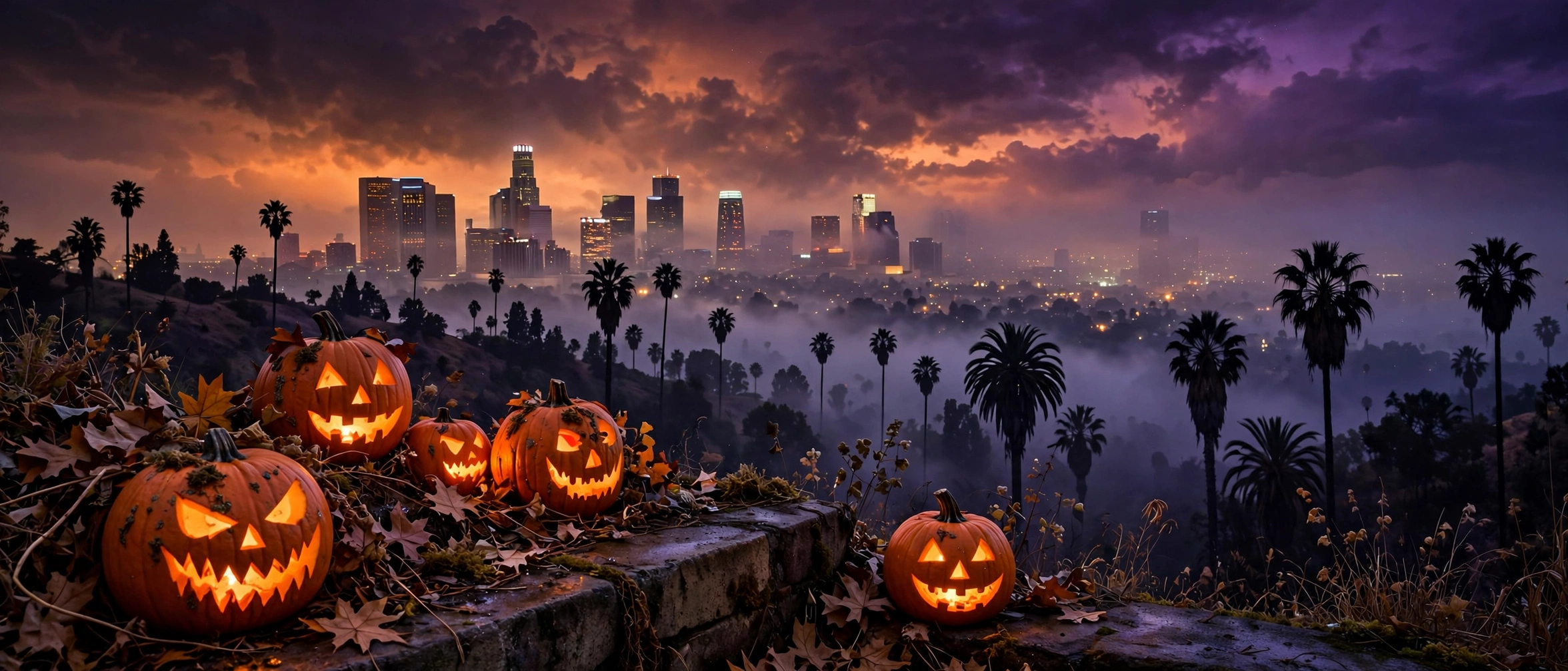 Glowing jack-o'-lanterns overlooking the Los Angeles skyline at dusk on Halloween.