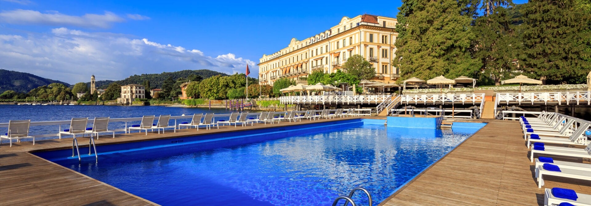 Villa d'Este floating pool and Cardinal Building on the shore of Lake Como