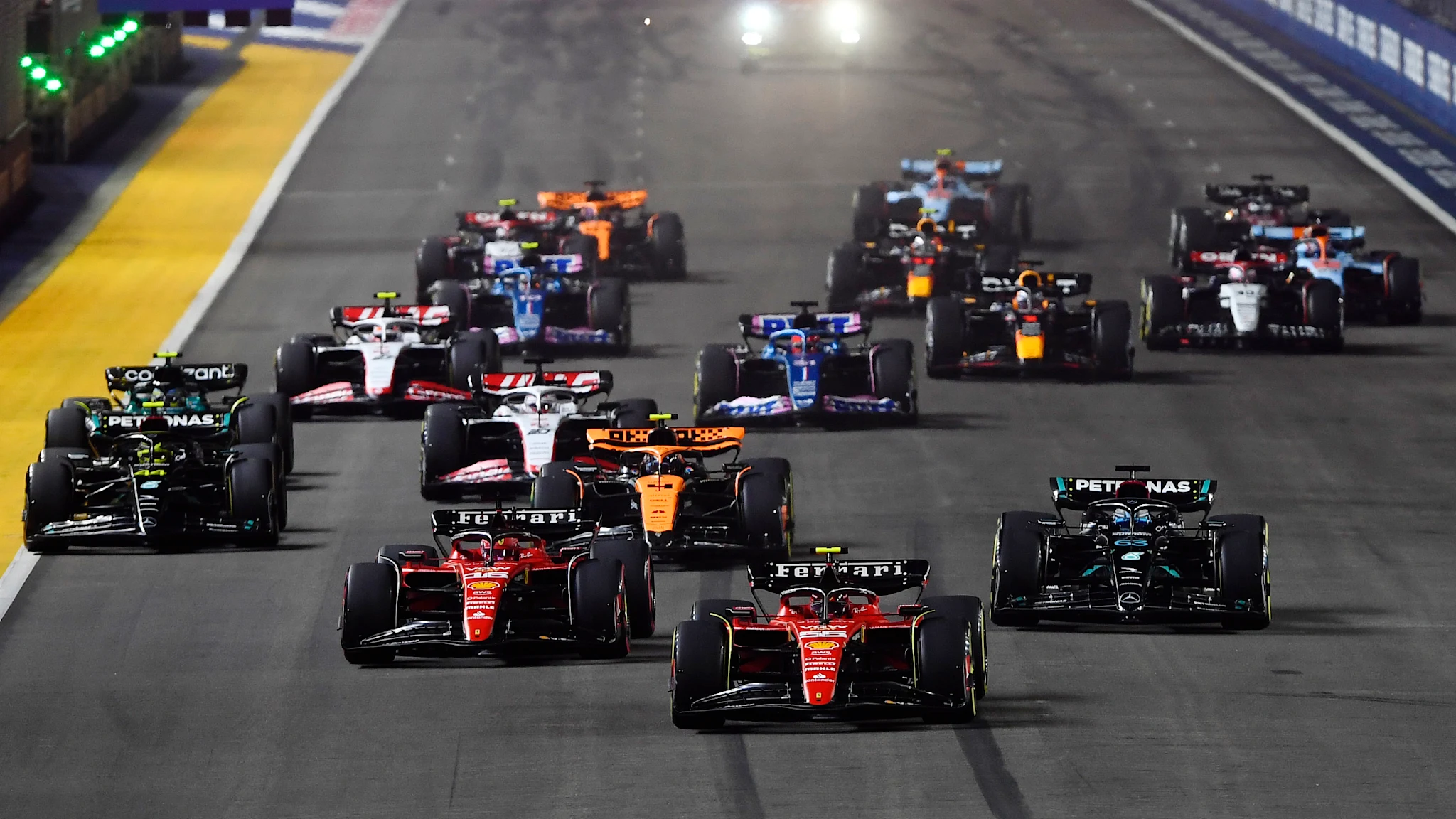 An F1 car on track during the Singapore Grand Prix night race.