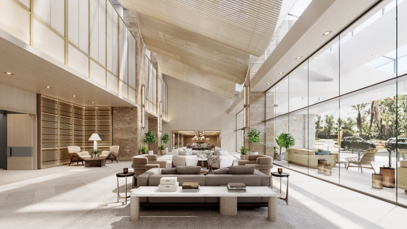 Official rendering of the future La Fontaine hotel lobby in Century City, designed by Gensler