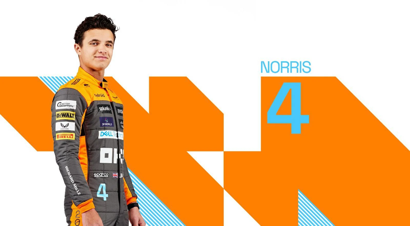 Lando Norris in an official McLaren portrait, wearing the papaya and black team kit.