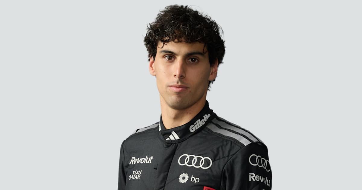 Gabriel Bortoleto in his official 2026 Audi driver portrait; the Brazilian scored points in Audi's first race as a works team.