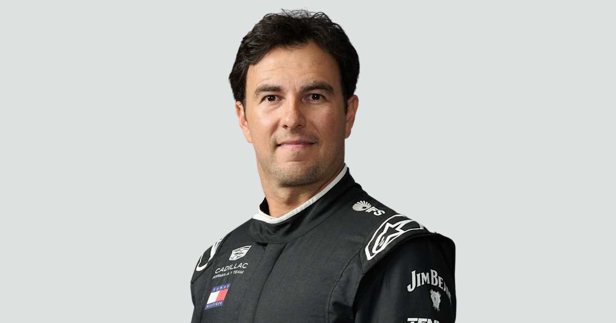 Sergio Perez in his official 2026 Cadillac driver portrait; the Mexican delivered the team's maiden Grand Prix finish in Melbourne.