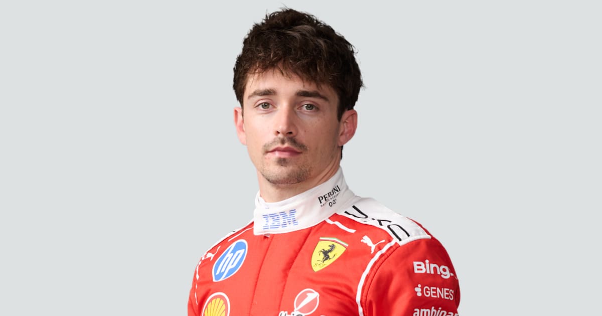 Charles Leclerc in his official 2026 Ferrari driver portrait; he denied Russell third place in a late Turn 1 tussle at Suzuka.