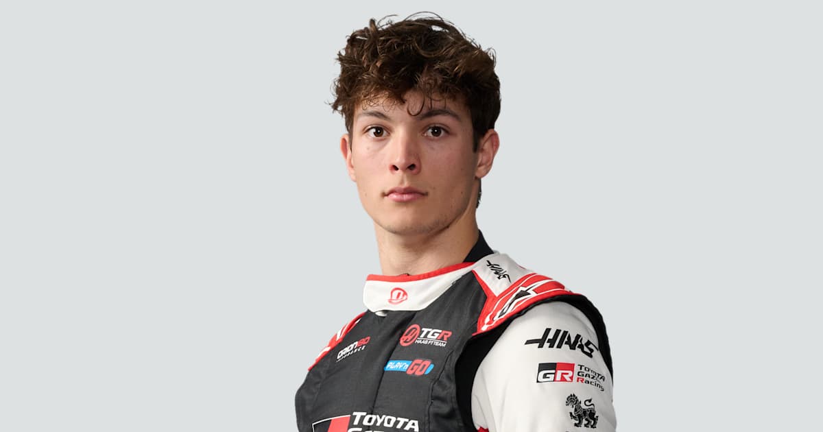 Oliver Bearman in Haas team colors, pictured in his official 2026 driver profile