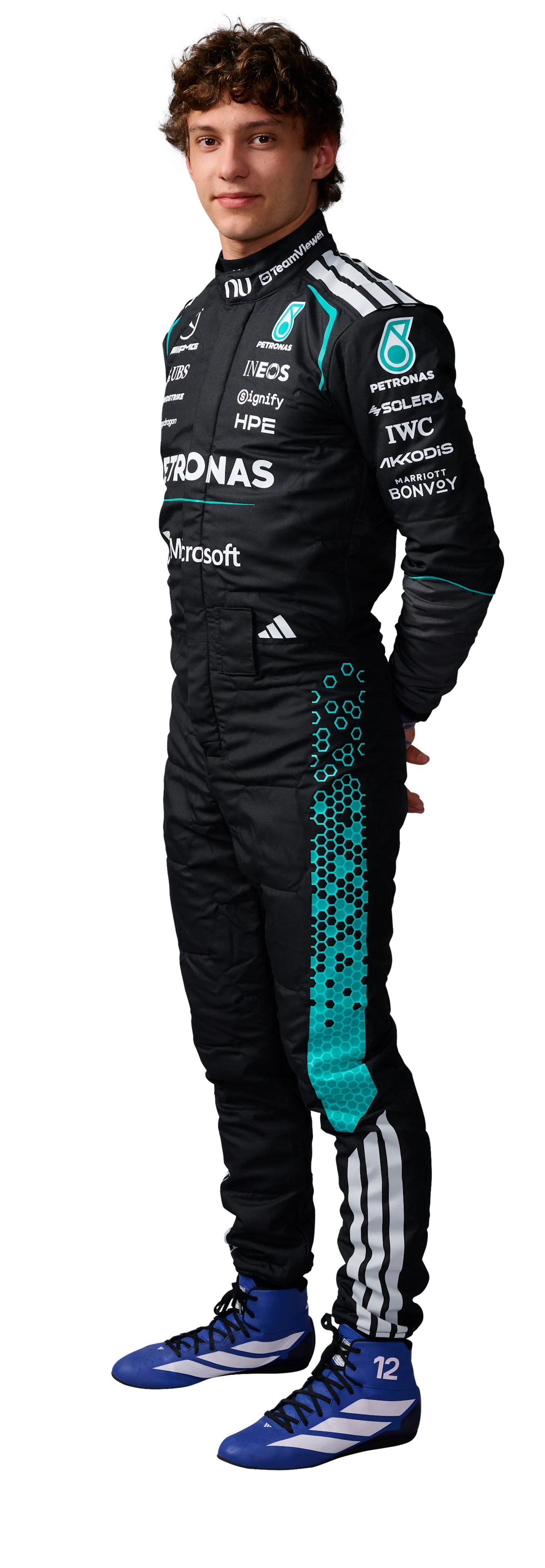 Kimi Antonelli's official 2026 Mercedes driver portrait; the championship leader saw his advantage cut to 41 points in Barcelona