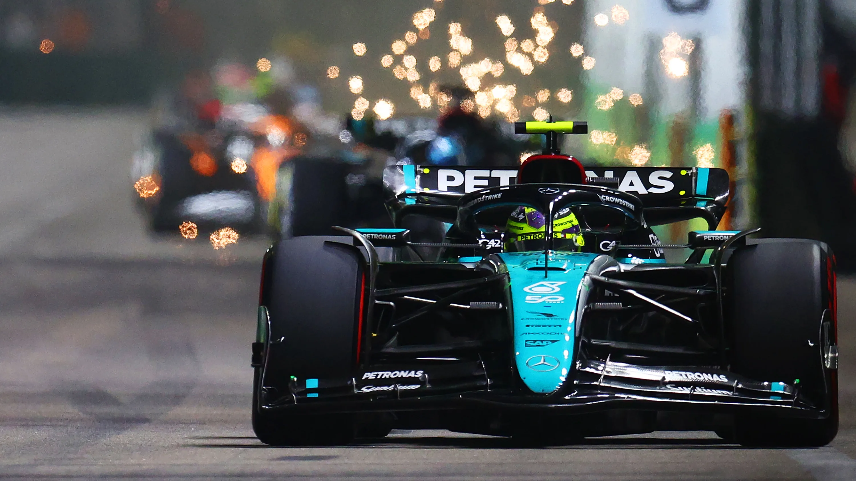 Race action at the 2024 Singapore Grand Prix night race.