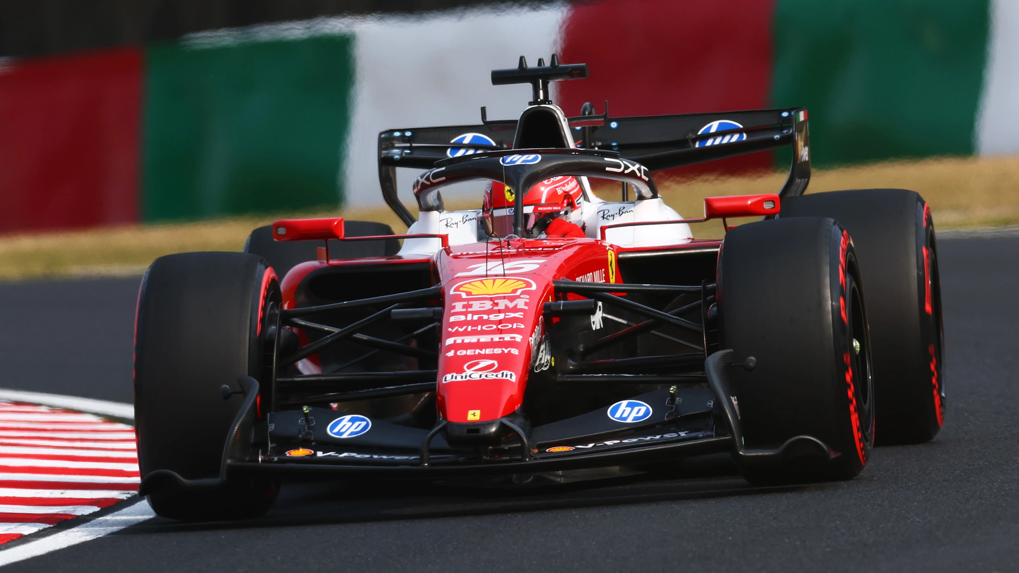 Charles Leclerc's No. 16 Ferrari on track during qualifying for the 2026 Japanese Grand Prix at Suzuka; Leclerc finished second at Spa.