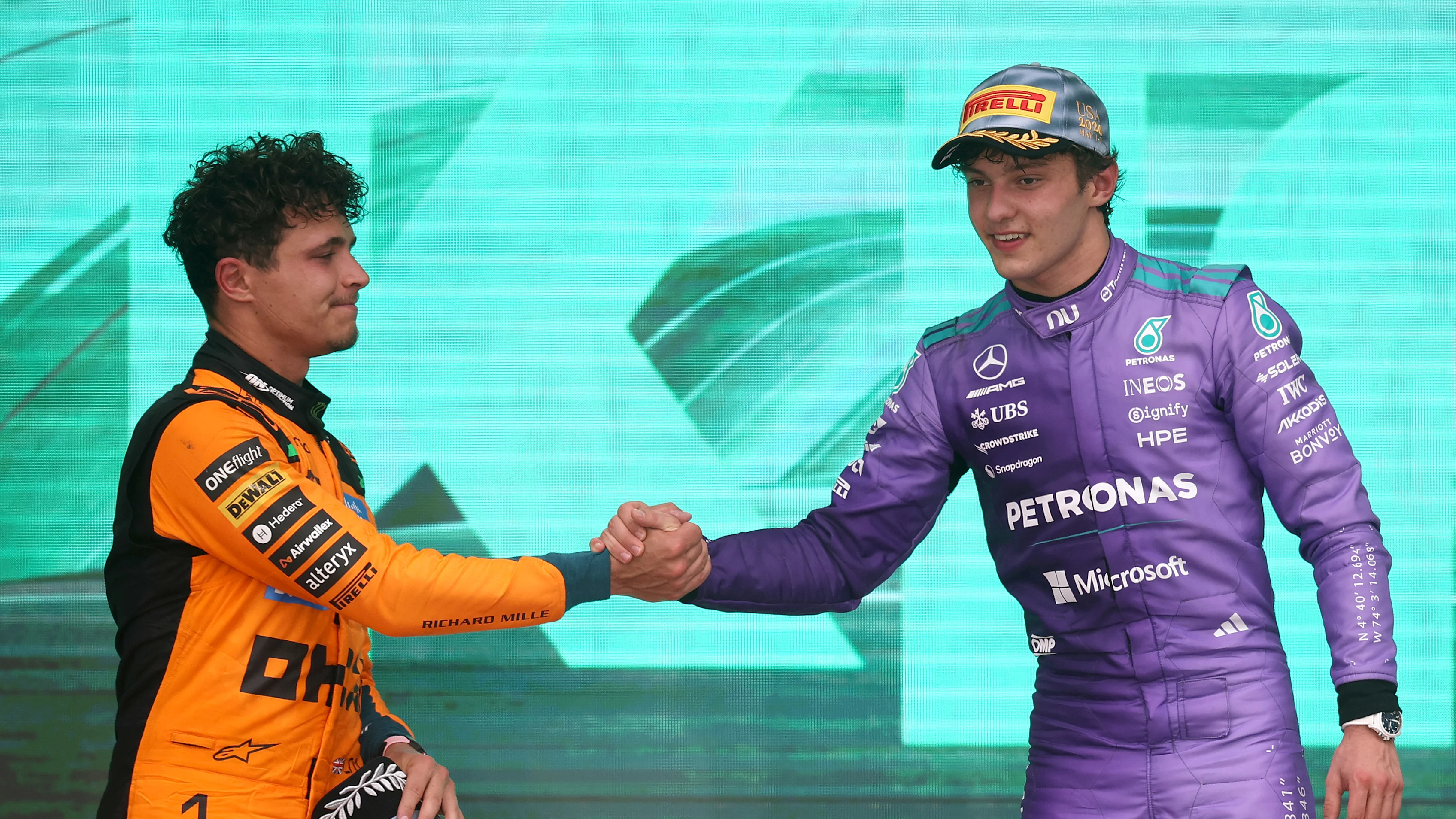 Race winner Kimi Antonelli of Mercedes after his third consecutive Grand Prix victory at the Miami Grand Prix.
