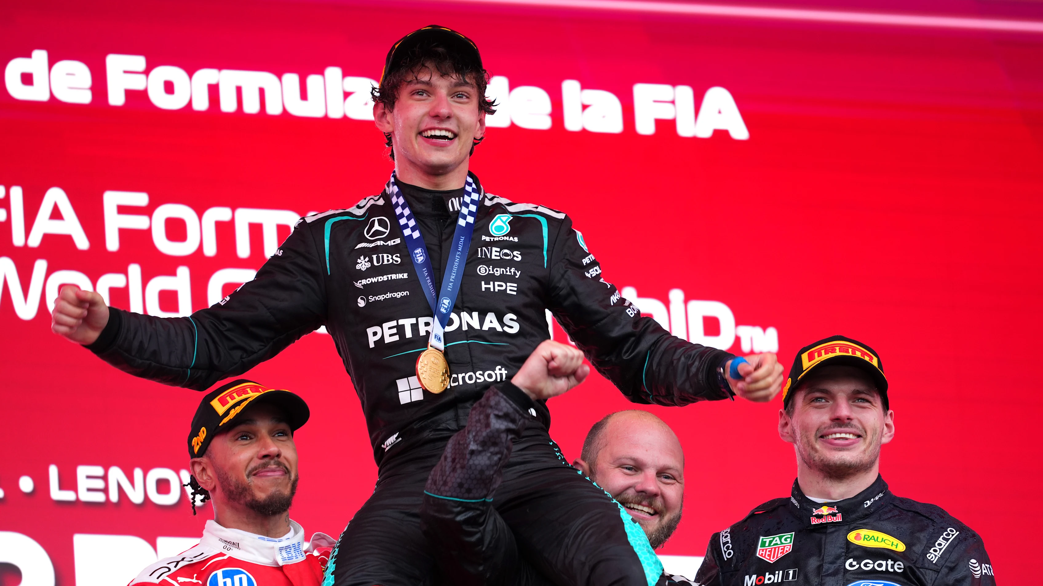 Race winner Andrea Kimi Antonelli of Mercedes AMG Petronas F1 celebrates at the 2026 Canadian Grand Prix