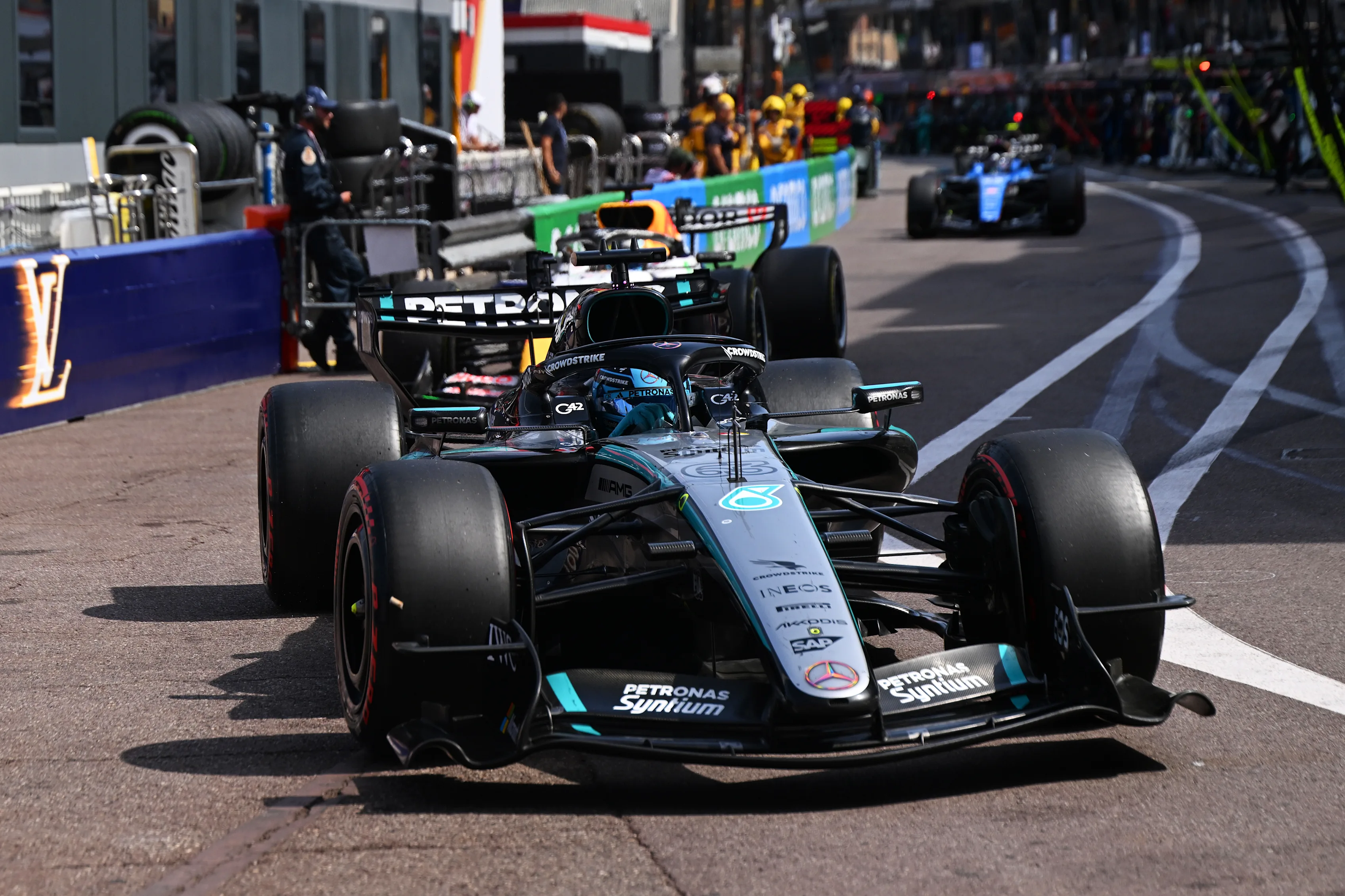 George Russell driving his Mercedes at the 2026 Monaco Grand Prix