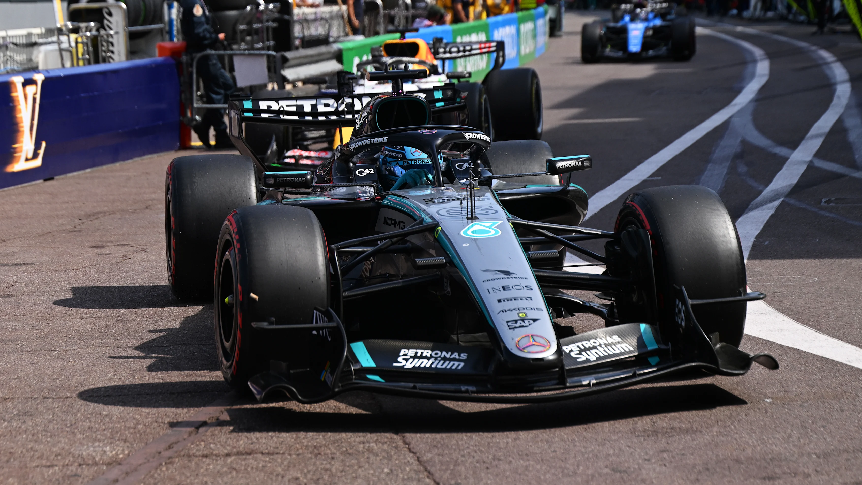George Russell driving the No. 63 Mercedes AMG Petronas at the 2026 Monaco Grand Prix