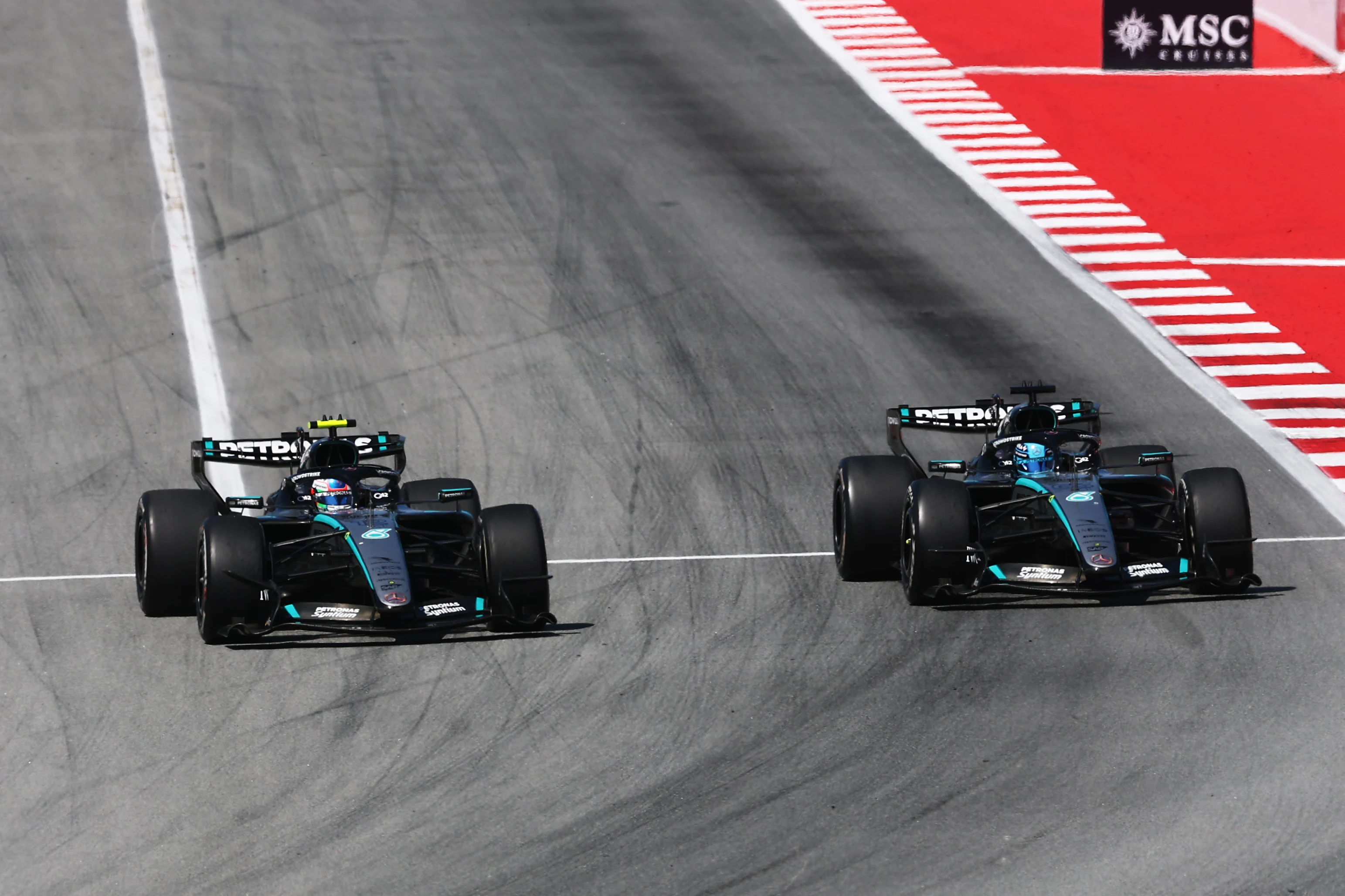 Andrea Kimi Antonelli drives his Mercedes at Barcelona, where a late mechanical failure ended his race from second place