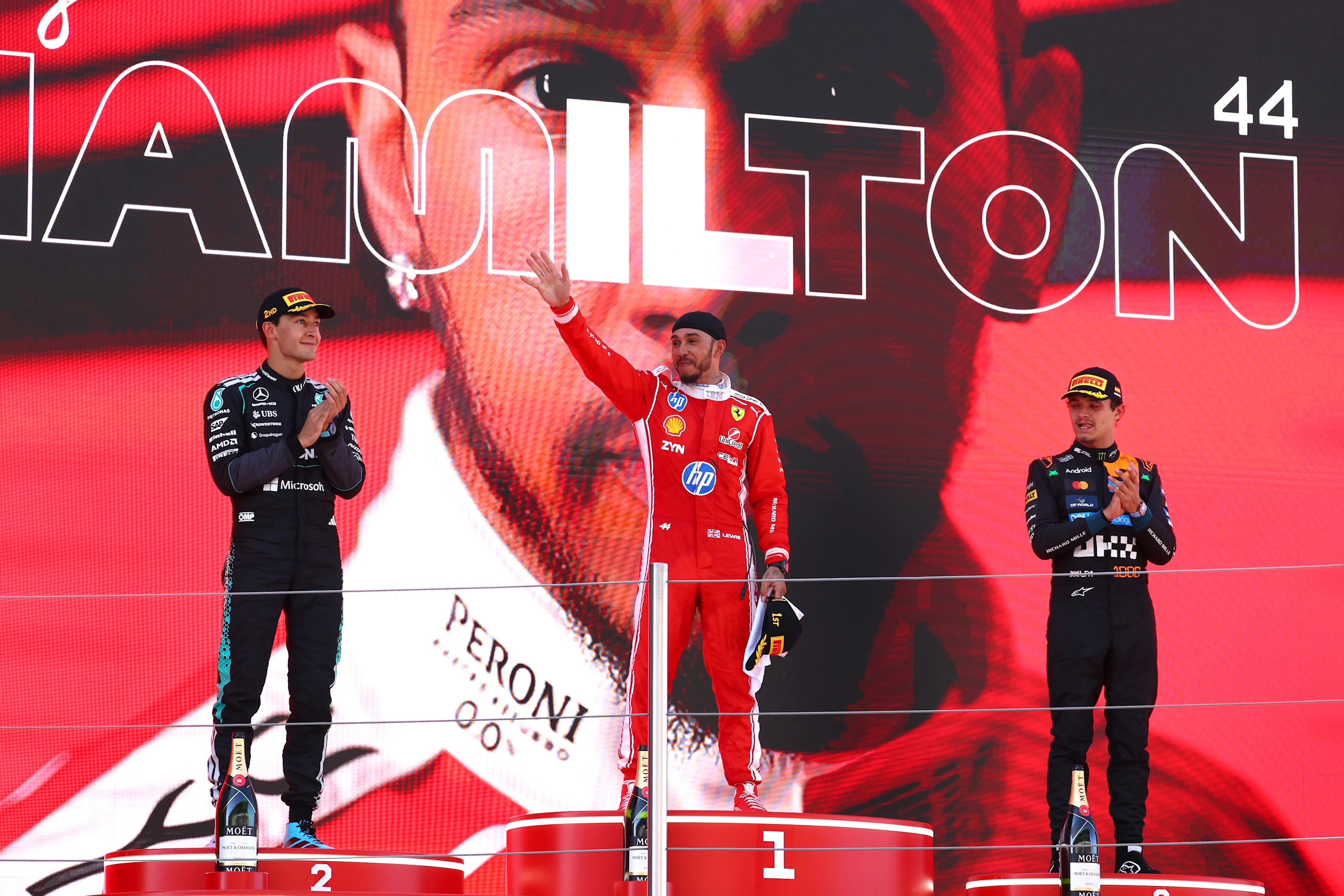 Race winner Lewis Hamilton celebrates his first Ferrari victory at the 2026 Barcelona-Catalunya Grand Prix