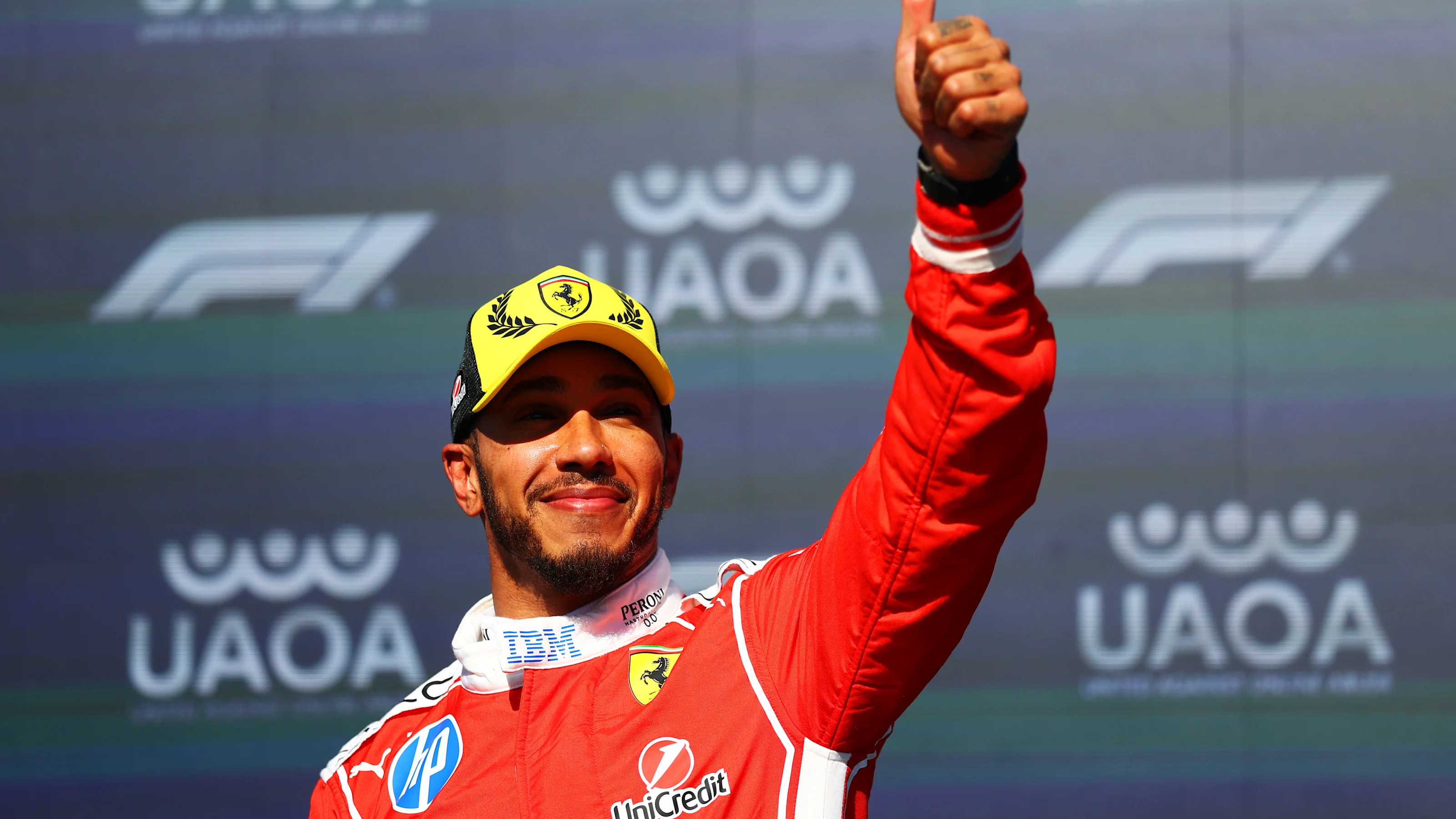 Lewis Hamilton of Scuderia Ferrari in parc ferme at Silverstone.