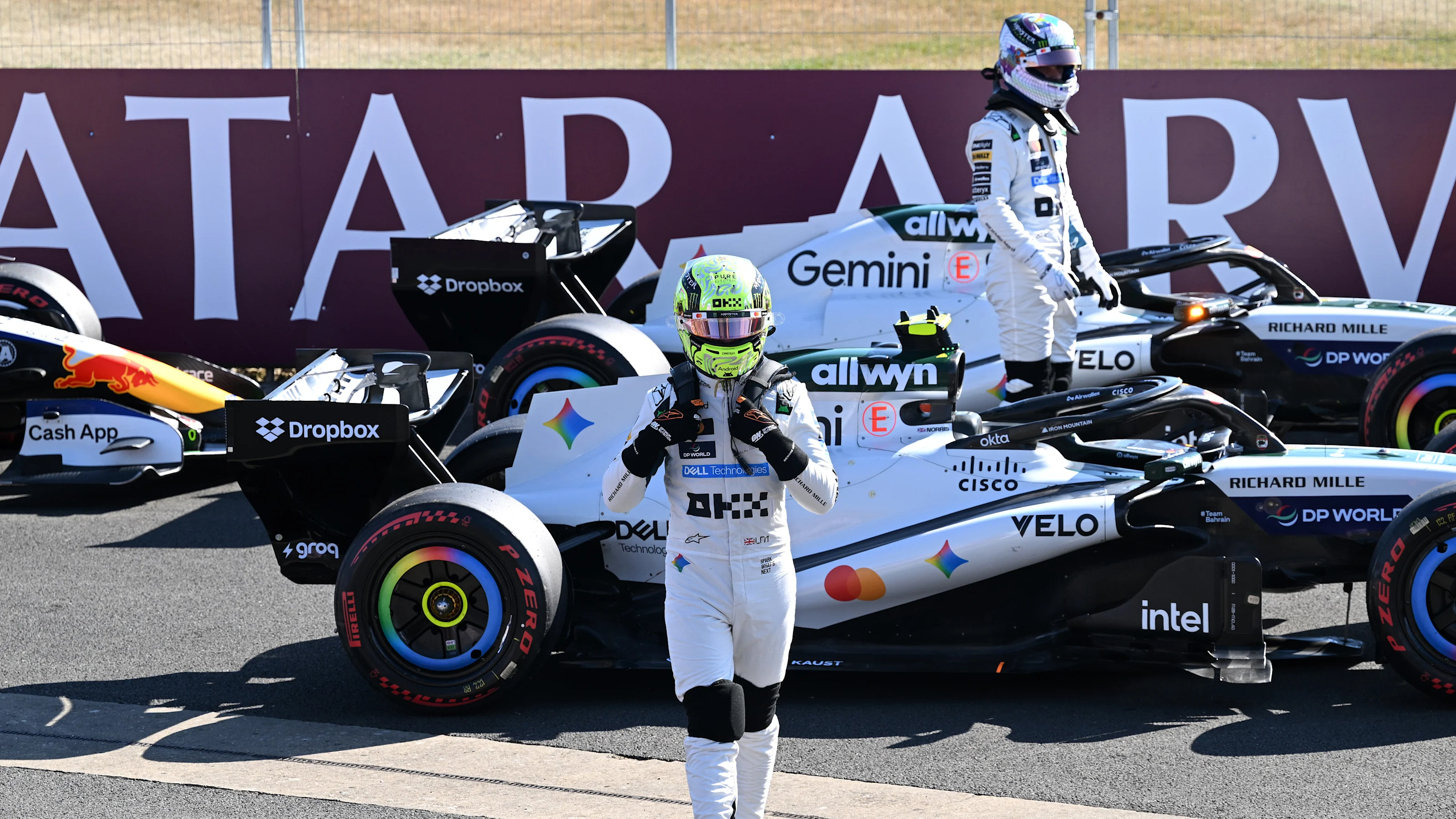 Lando Norris and Oscar Piastri of McLaren in parc ferme at Silverstone.