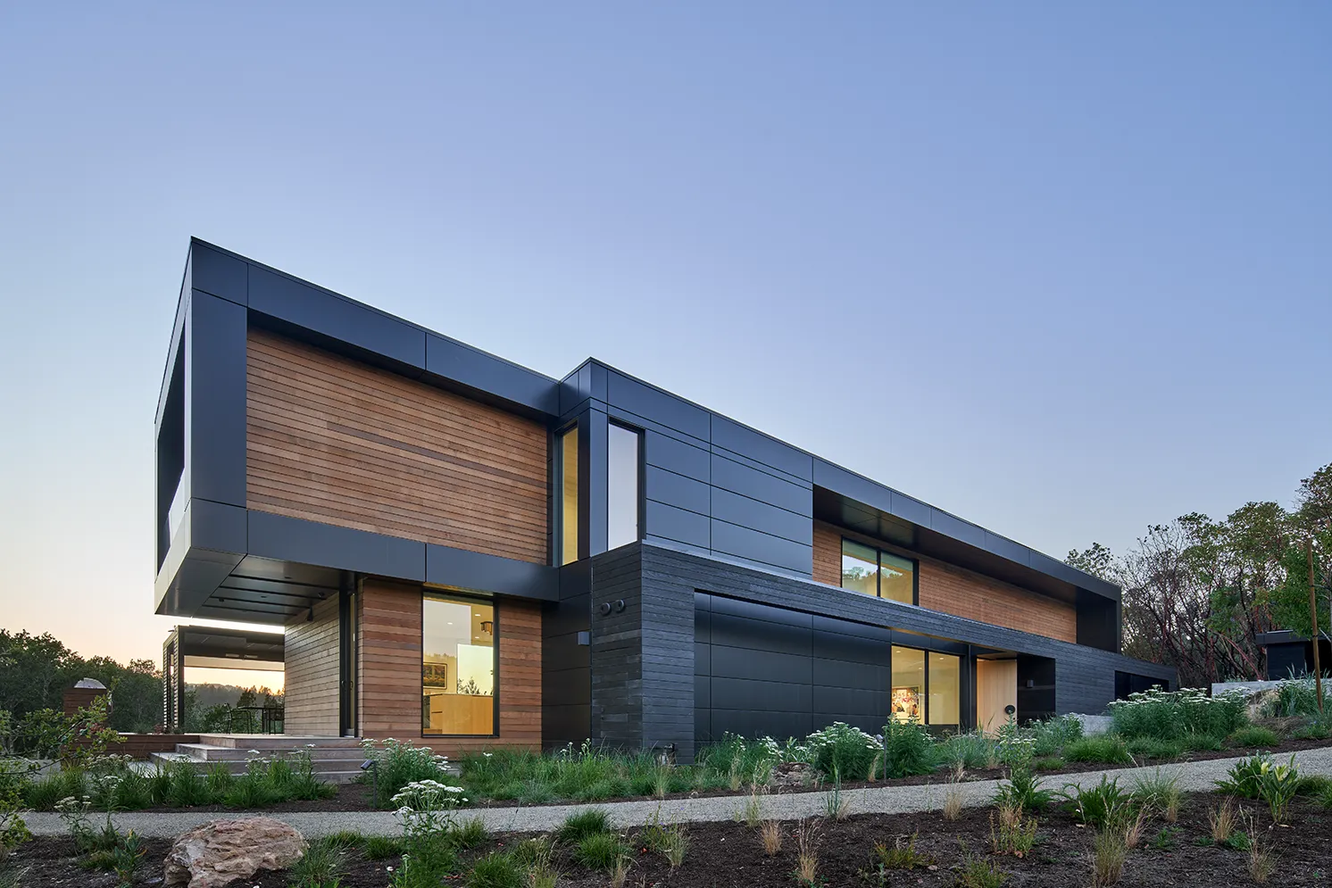 A Method Homes custom modular residence in Calistoga, California, at dusk