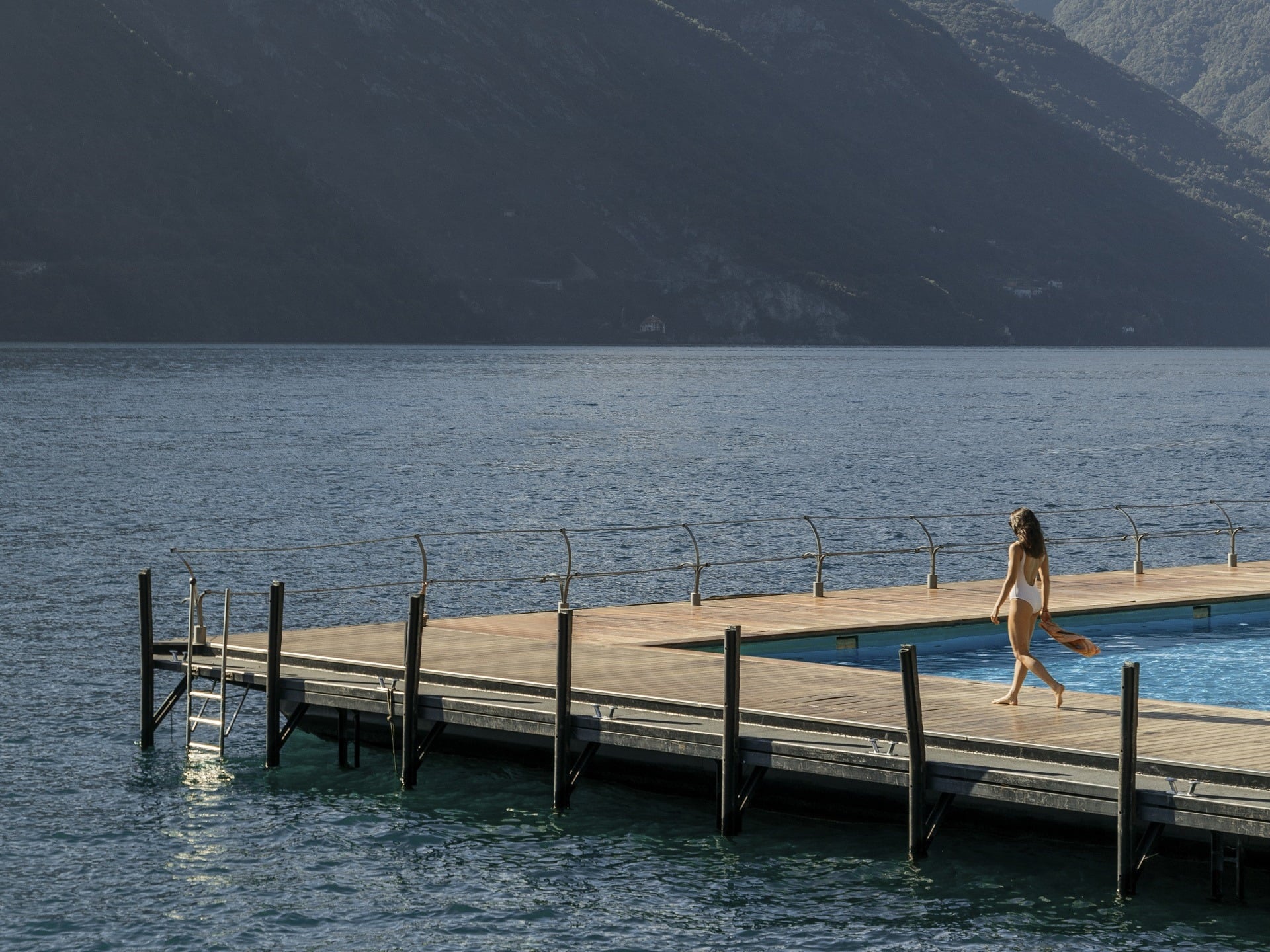 Grand Hotel Tremezzo floating pool on the water facing Bellagio, Lake Como