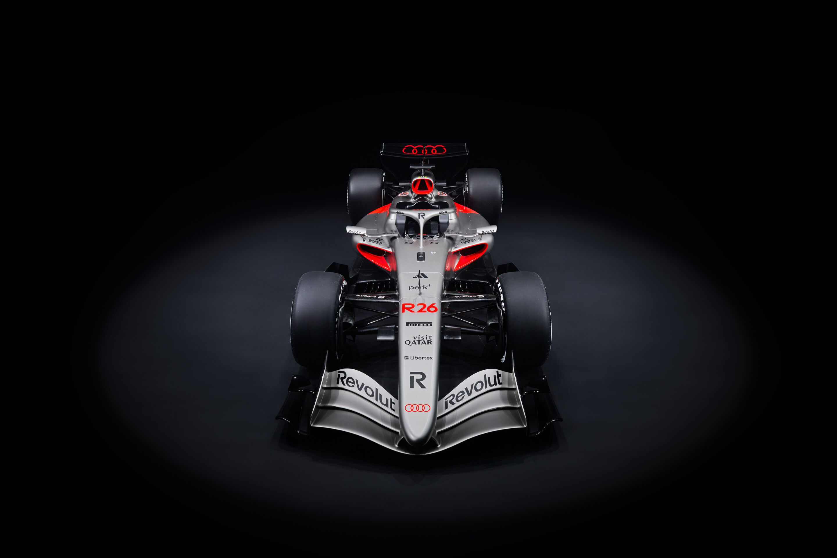 ** The Audi Revolut F1 Team R26 in its 2026 livery, front view.