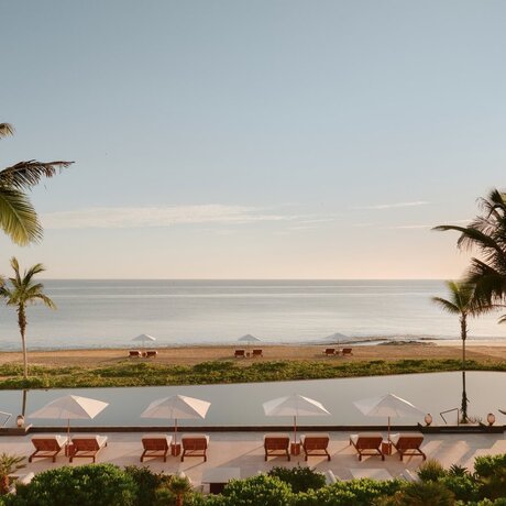 Amanvari's main pool overlooking the ocean at dawn on Baja's East Cape, Los Cabos, Mexico