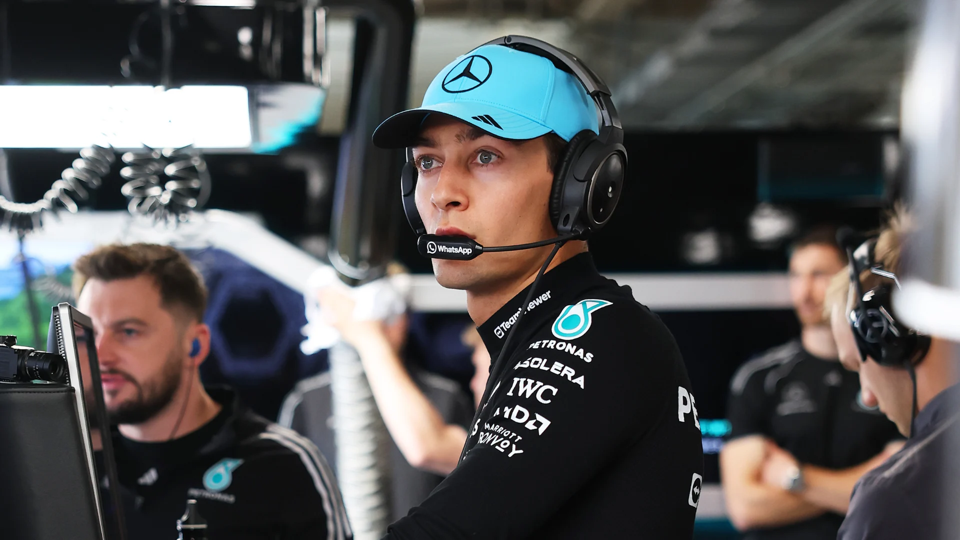 George Russell in his Mercedes on track