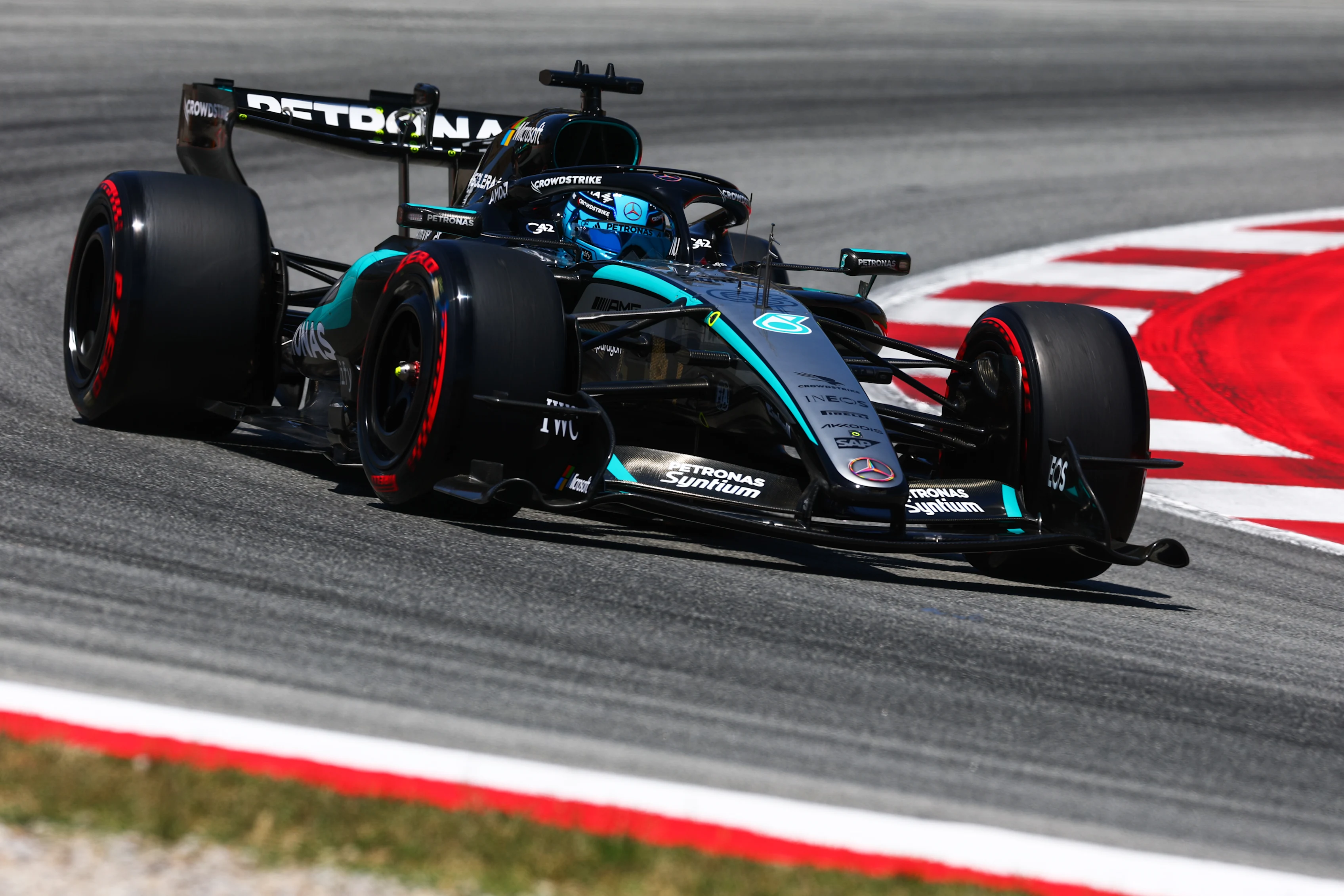 George Russell drives his Mercedes during qualifying at Barcelona, where he took his 10th career pole position