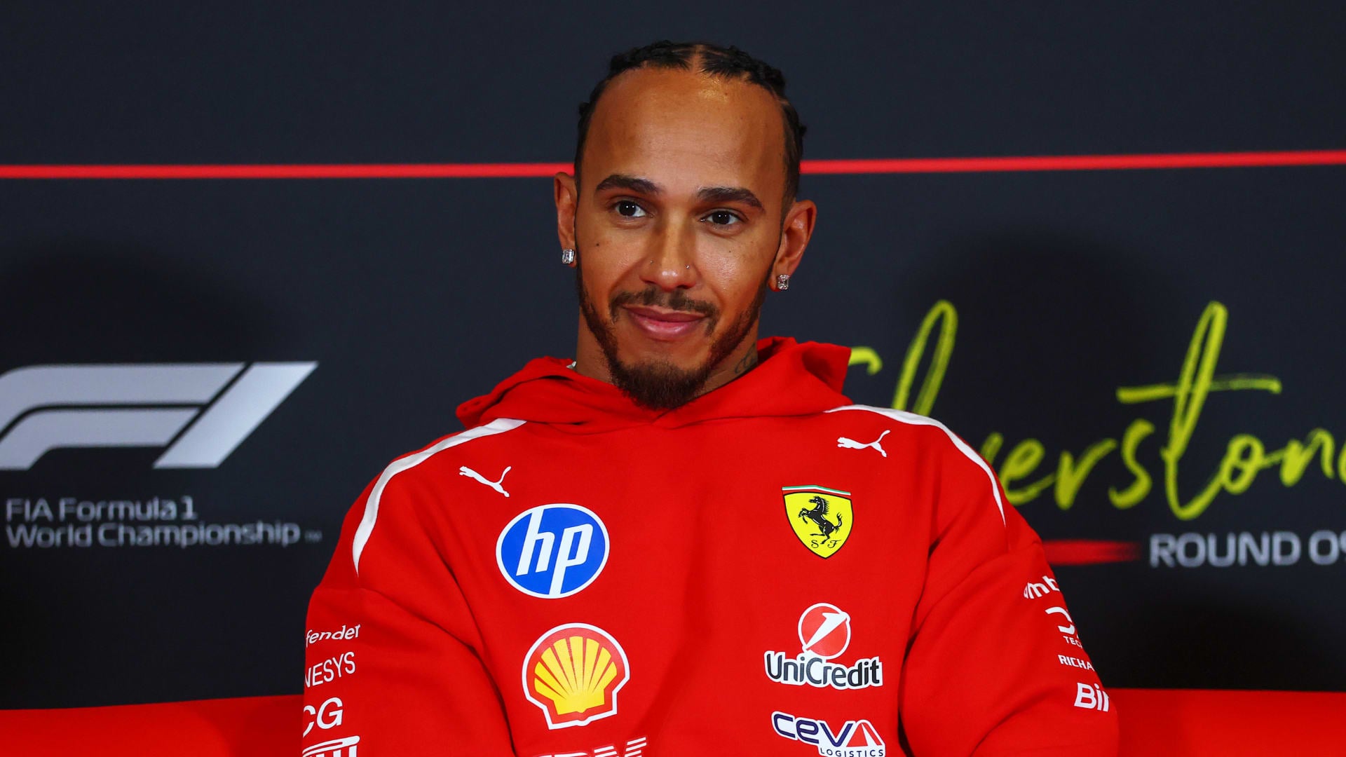 Lewis Hamilton in a Ferrari hoodie at the Silverstone press conference on Thursday ahead of the 2026 British Grand Prix.
