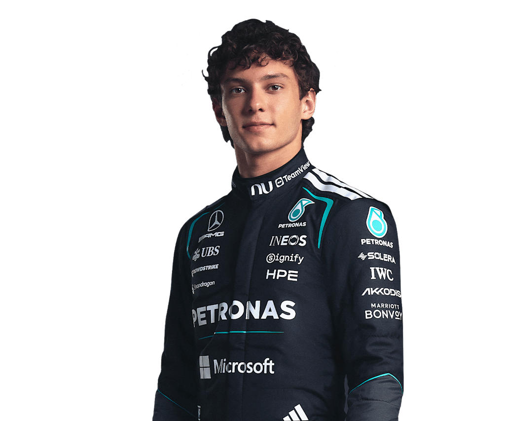 Official Mercedes portrait of Kimi Antonelli, the Miami Grand Prix winner and 2026 championship leader.