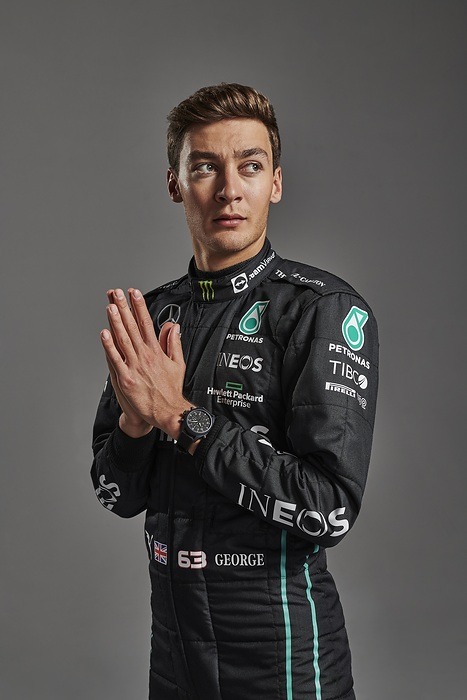 George Russell with the Mercedes-AMG F1 W13 at the team's car launch, in official Mercedes-AMG F1 imagery.