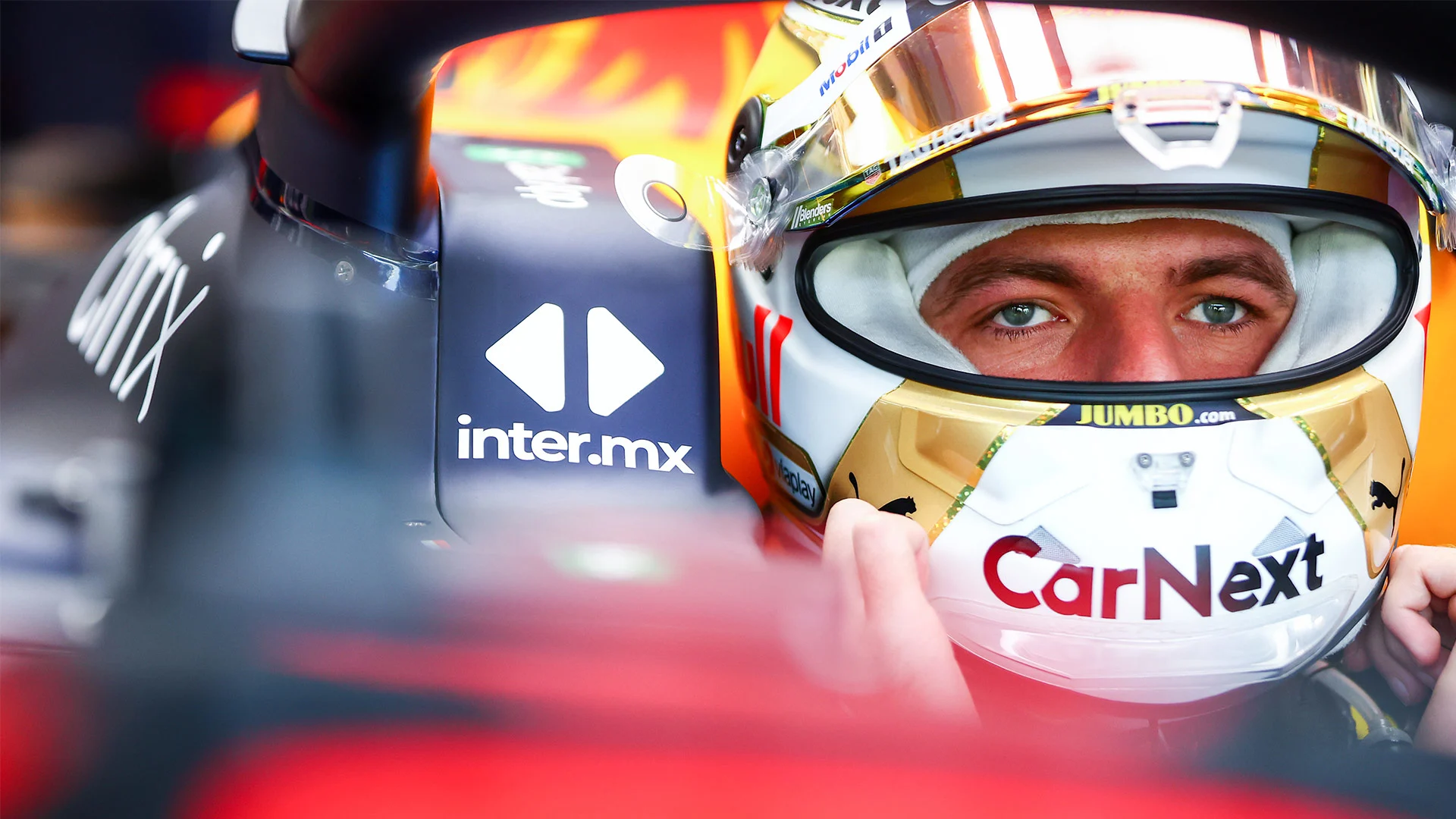 Max Verstappen in the cockpit of his Red Bull, in a close-up from an official Formula1.com gallery; Verstappen finished second in Hungary.