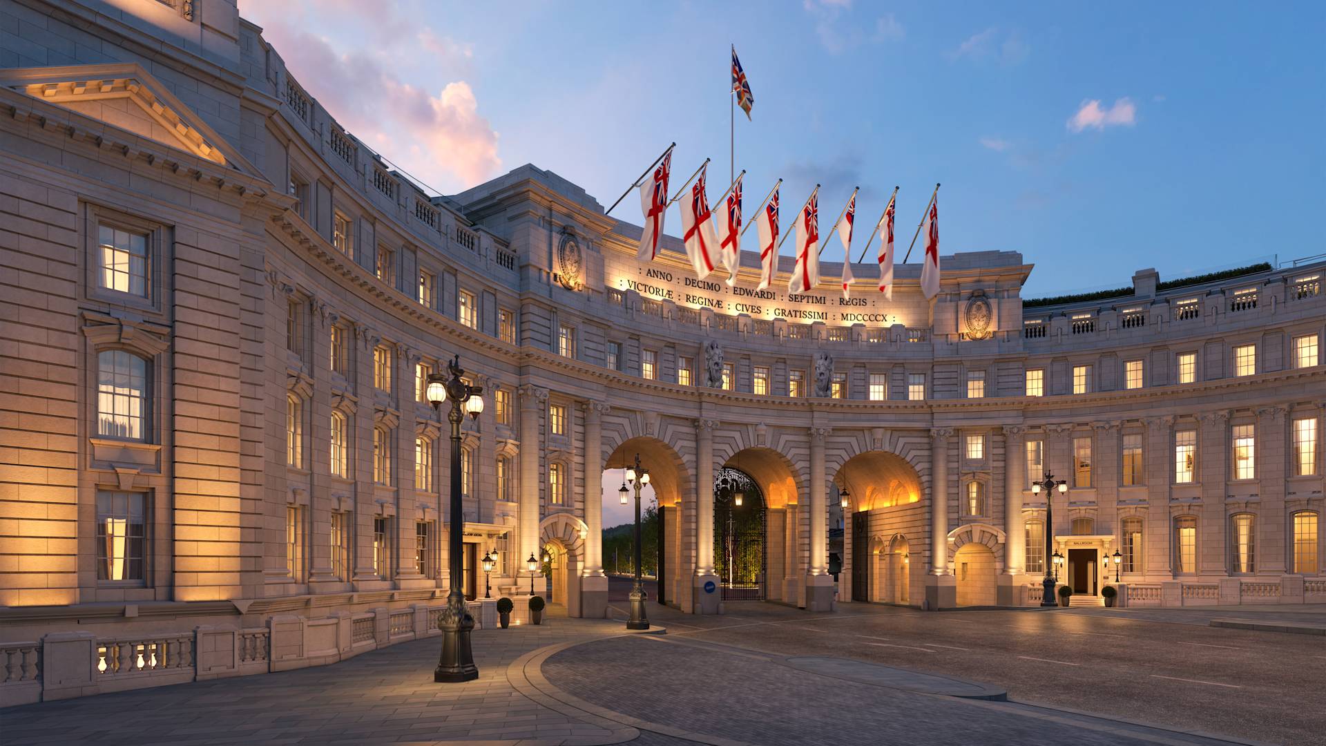 Waldorf Astoria London Admiralty Arch, the historic 1912 monument between The Mall and Trafalgar Square, at sunset
