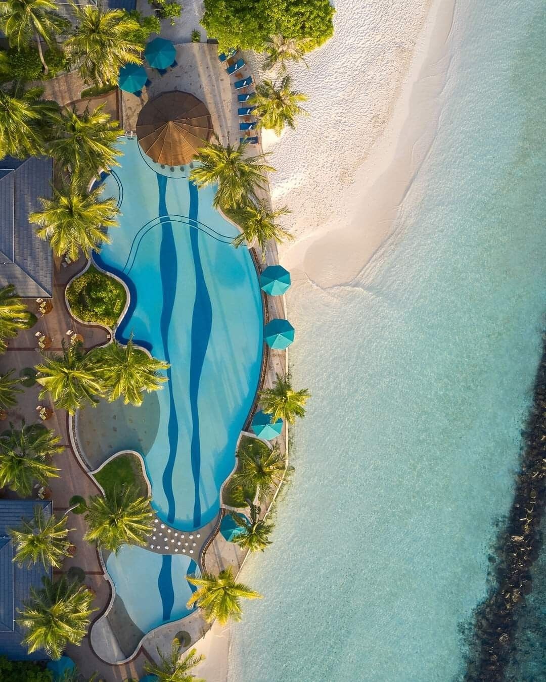 Aerial view of a luxury beach resort with pools and palm trees