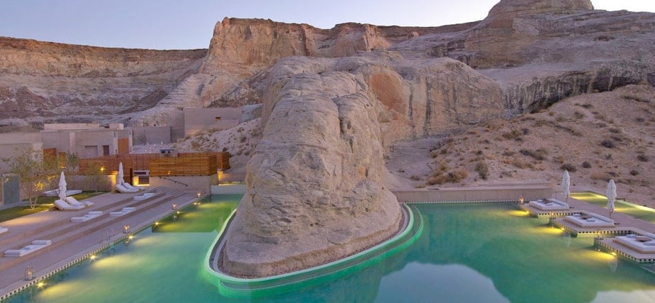 The Amangiri swimming pool built around a natural sandstone rock formation in the Utah desert