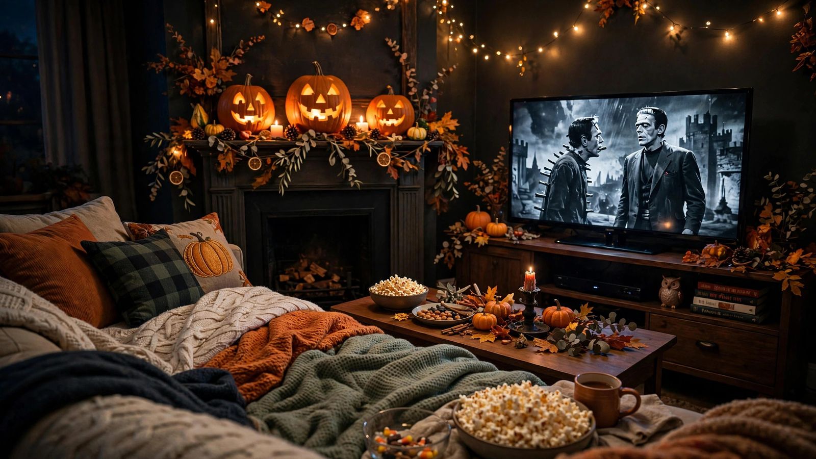 Cozy family Halloween movie night with jack-o'-lanterns, part of the best Halloween movies 2026 picks