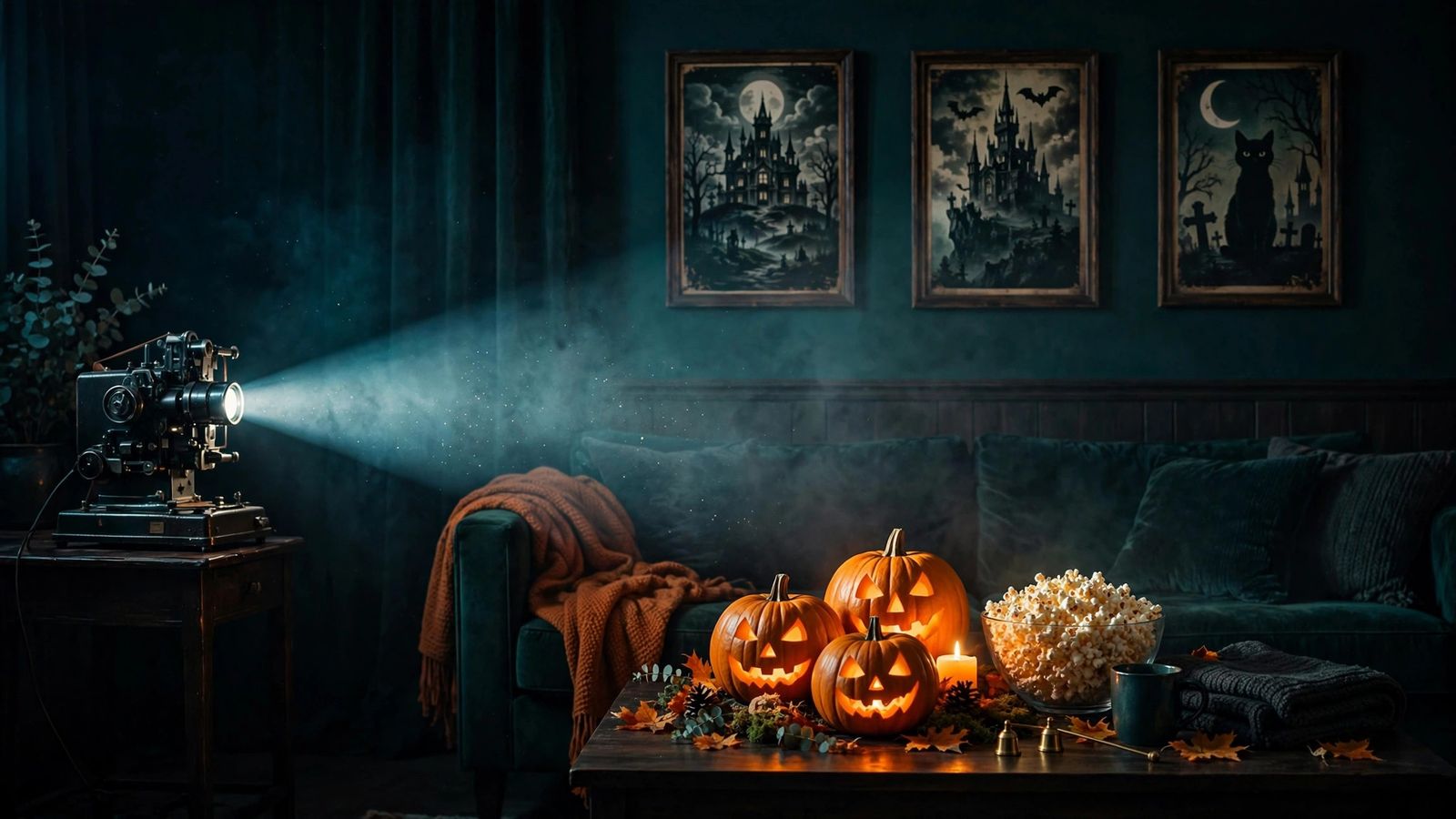 Halloween movie night with glowing jack-o'-lanterns and a projector, the best Halloween movies 2026 watchlist guide