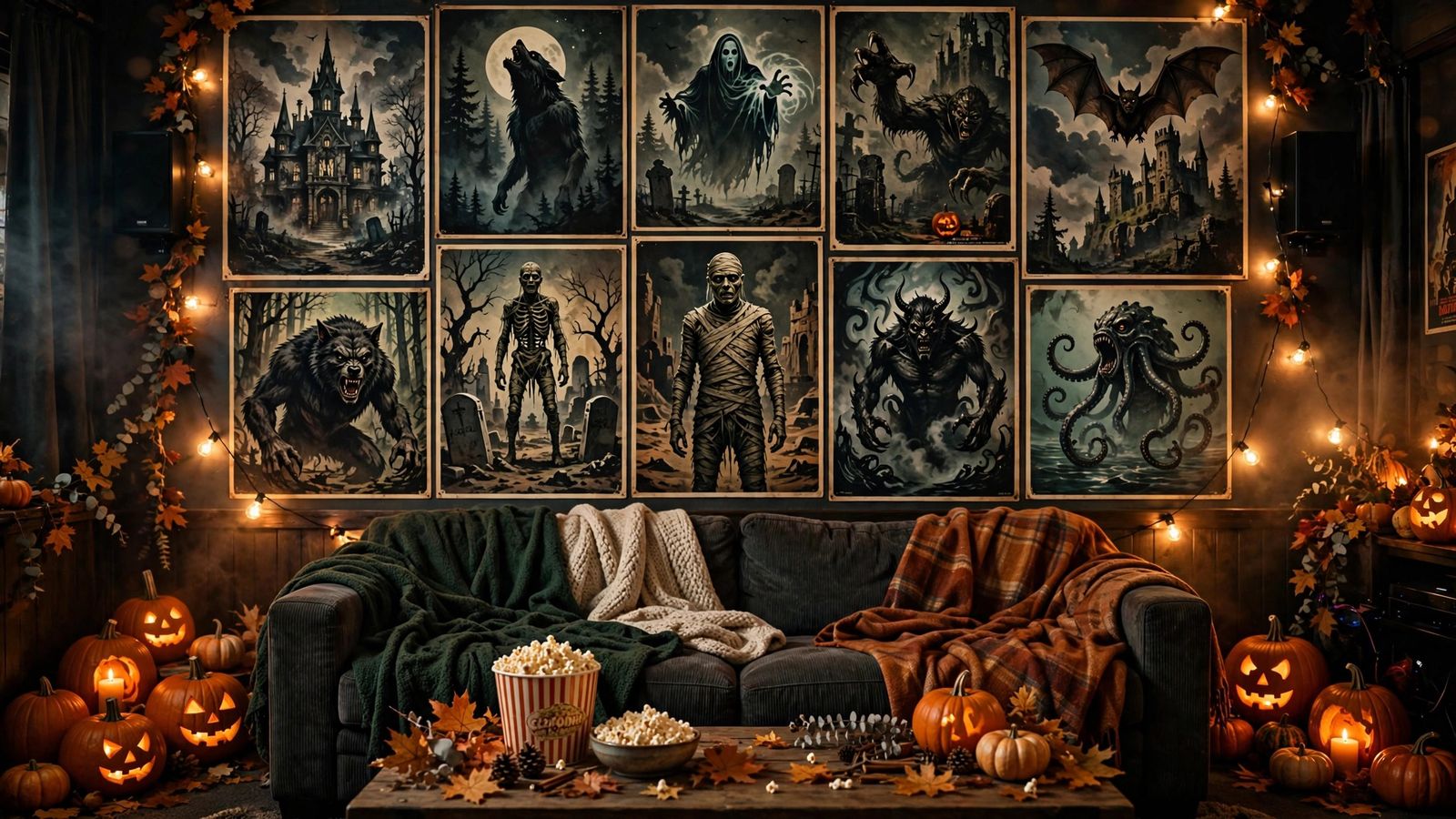 Home theater setup for a Halloween movie marathon with vintage horror posters and popcorn, part of the best Halloween movies 2026 guide