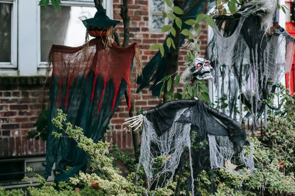 Creepy hanging ghoul decorations at a haunted attraction, one of the best haunted houses in Los Angeles 2026