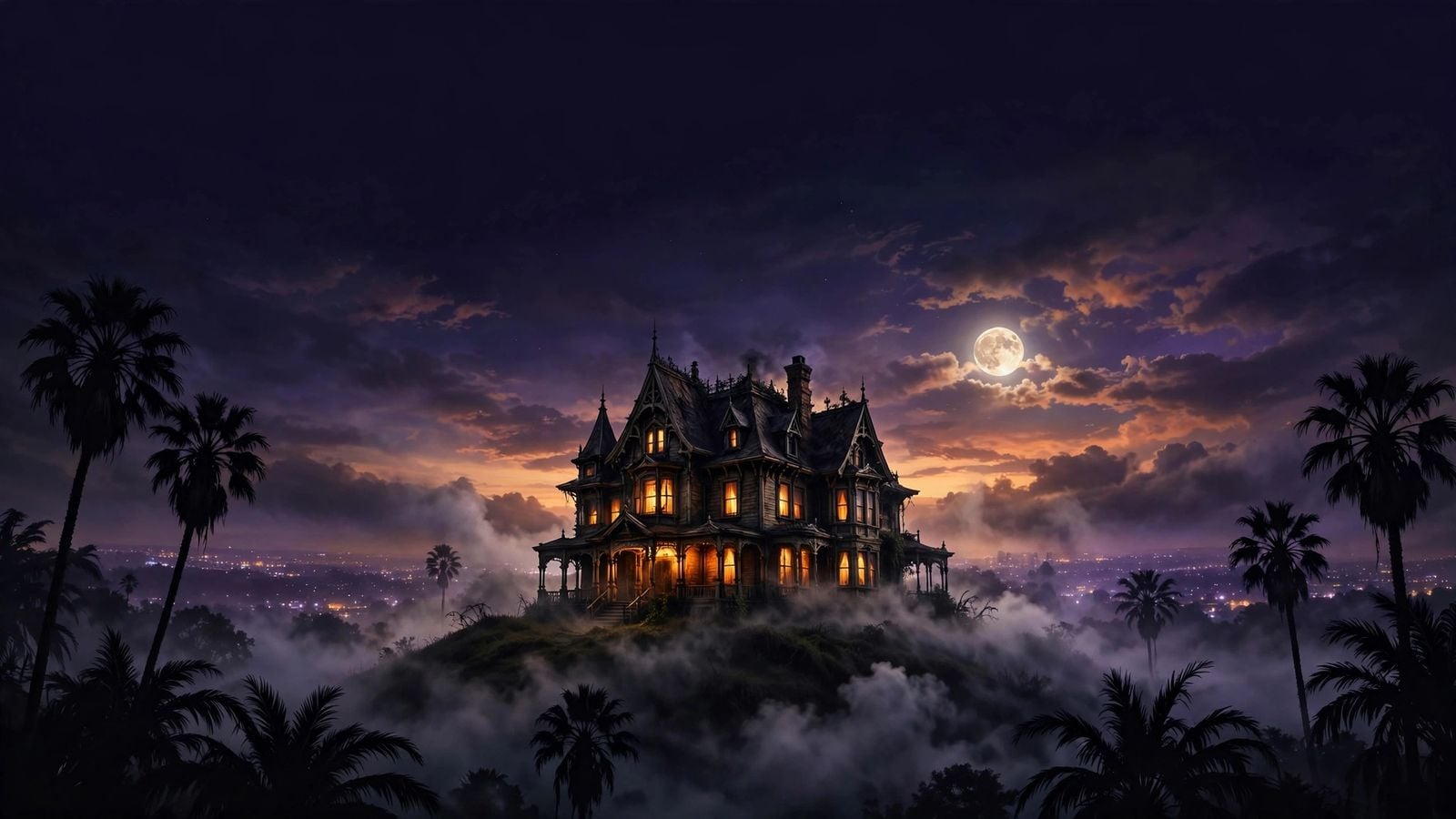 Haunted mansion on a foggy hill in Los Angeles at night with palm trees and a full moon, among the best haunted houses in Los Angeles 2026