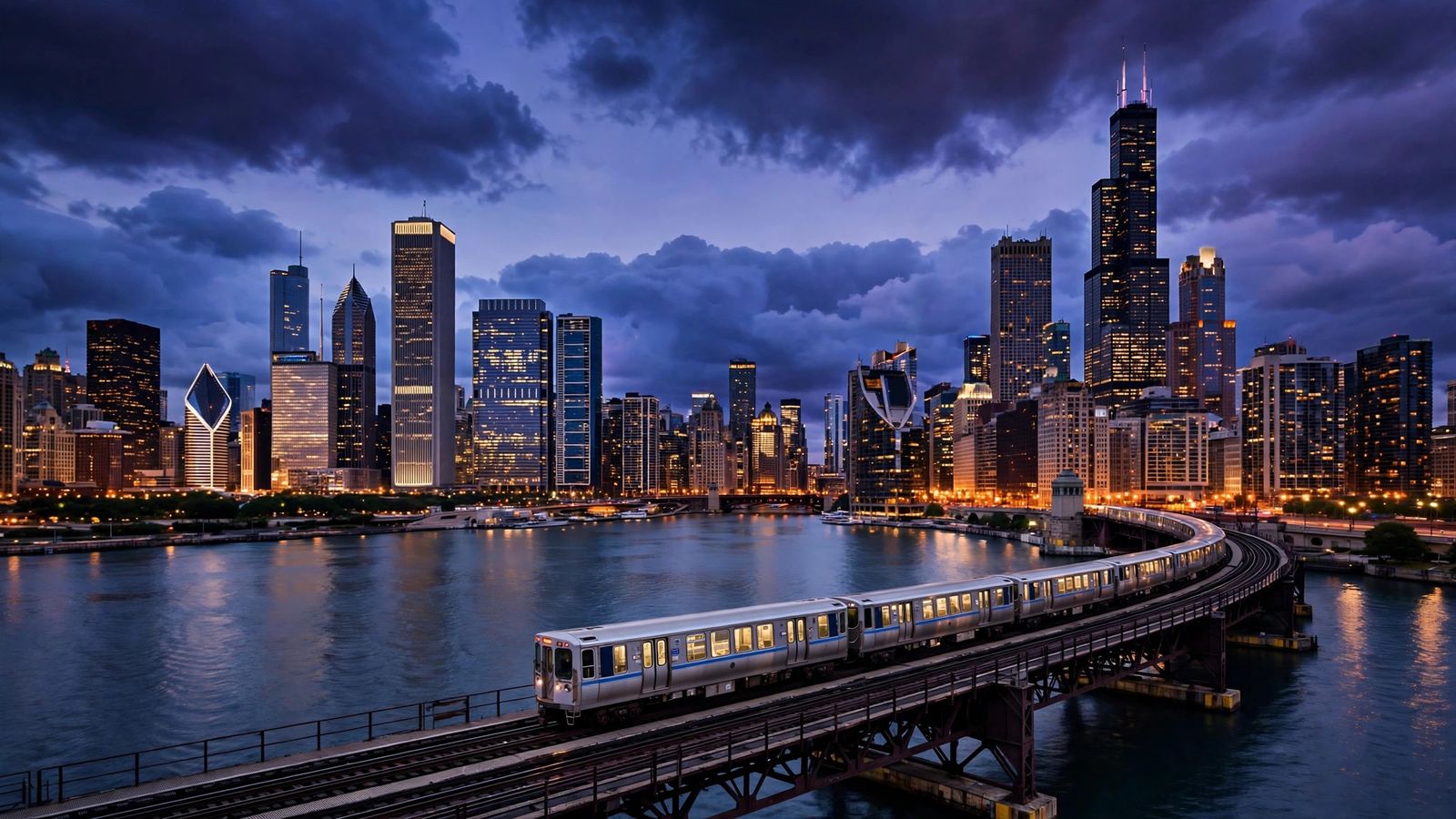 Chicago skyline at dusk with an L train crossing the Chicago River, home to the best hotels in Chicago Loop