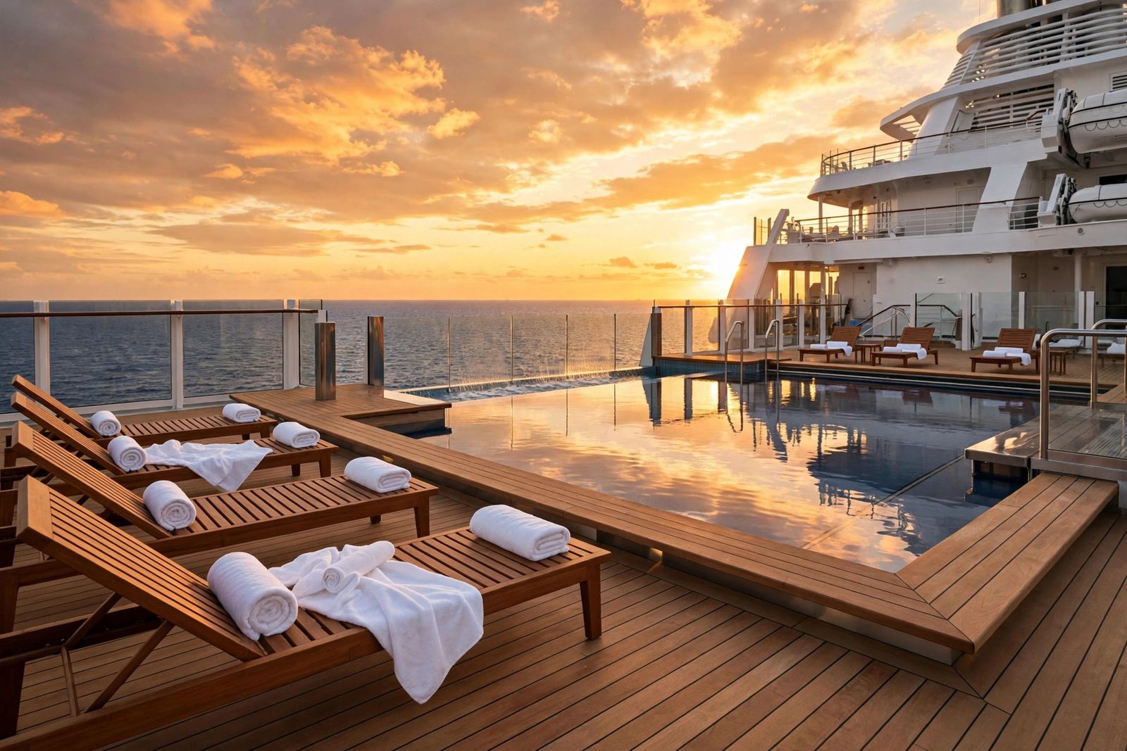 Infinity pool deck at sunset on one of the best luxury cruise lines in 2026