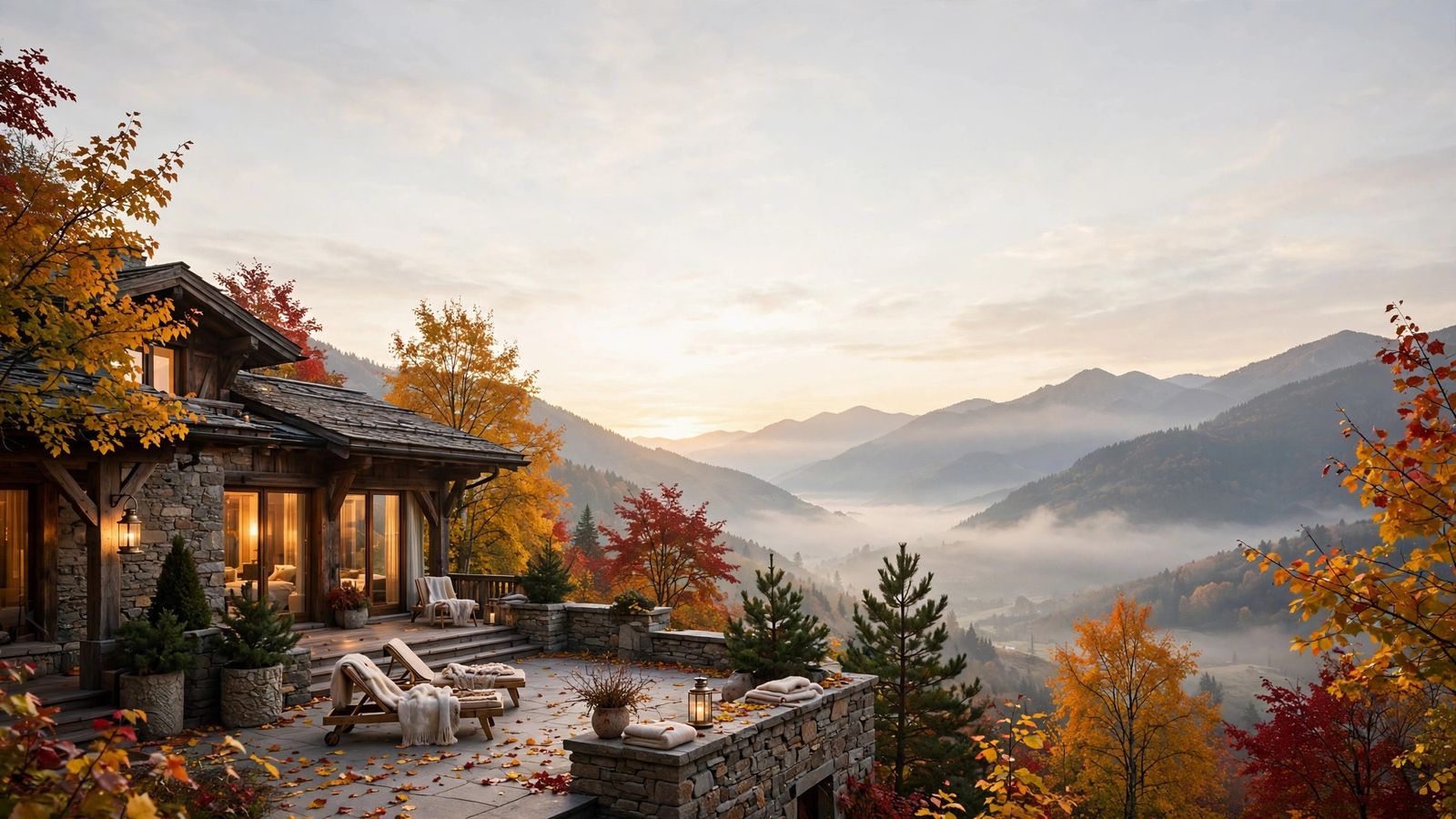Luxury mountain lodge terrace at peak autumn foliage, one of the best luxury fall getaways for 2026