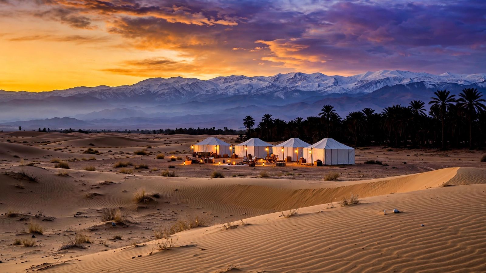 Luxury desert camp at sunset beneath the snow-capped Atlas Mountains outside Marrakech