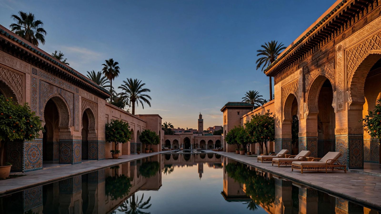 Golden hour over a Moorish palace courtyard and reflecting pool at one of the best luxury hotels in Marrakech