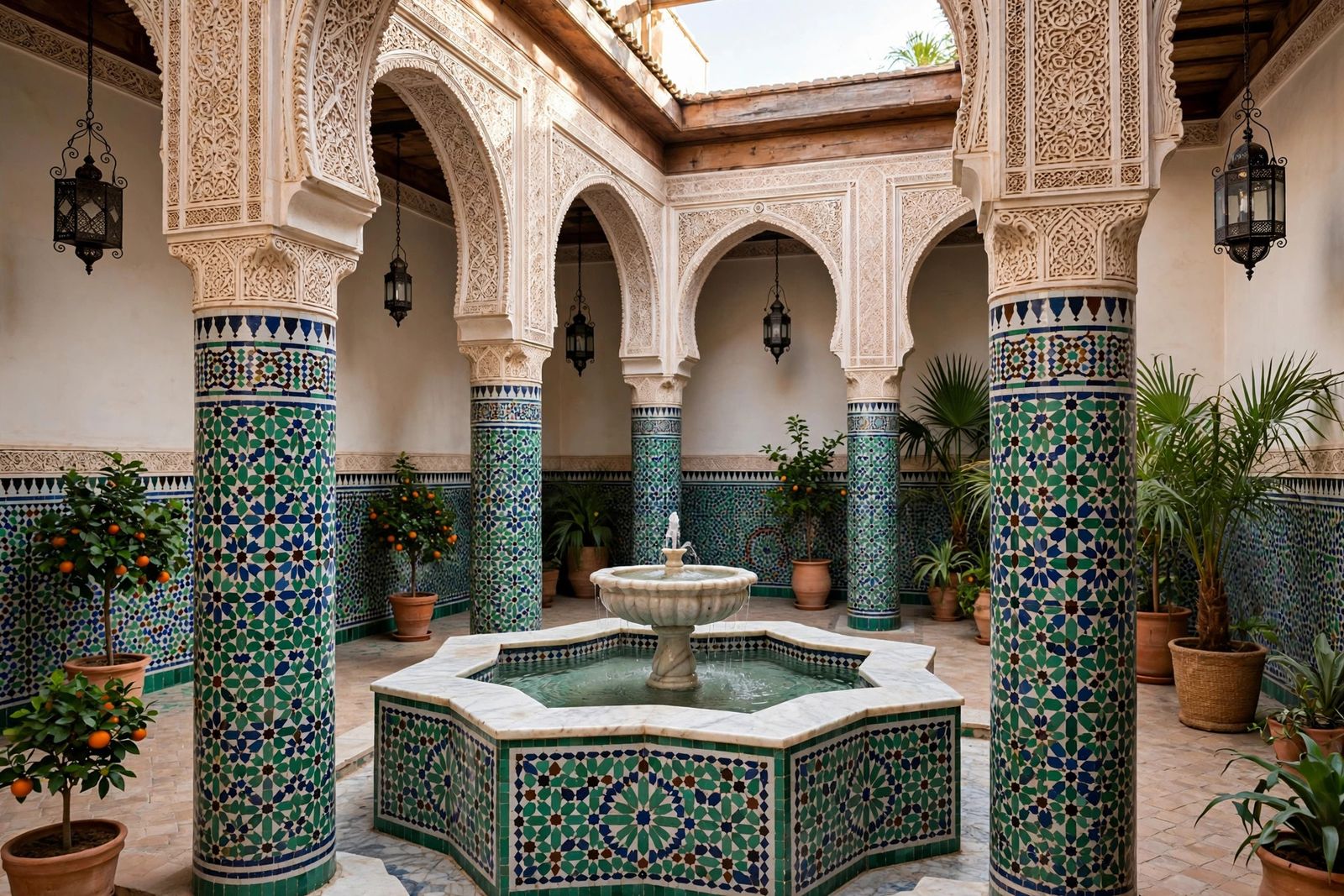 Marble fountain with zellige mosaic tilework in a luxury riad courtyard in Marrakech