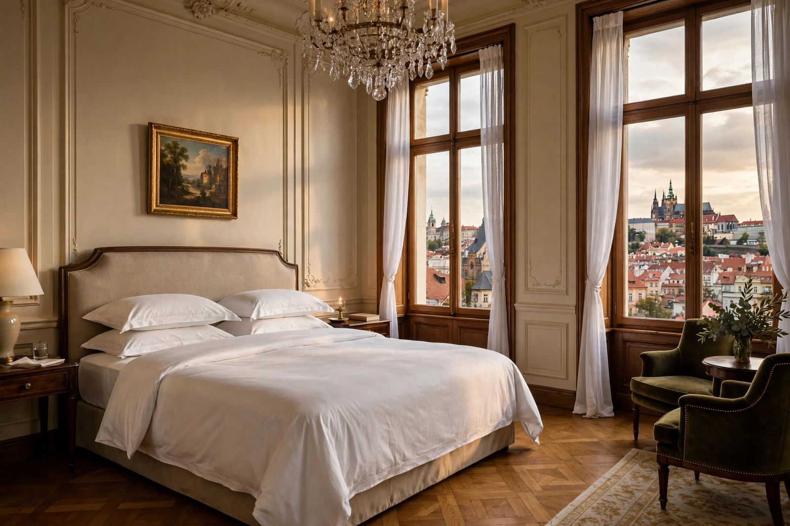 Elegant luxury hotel suite interior in Prague with classic European furnishings and old town views