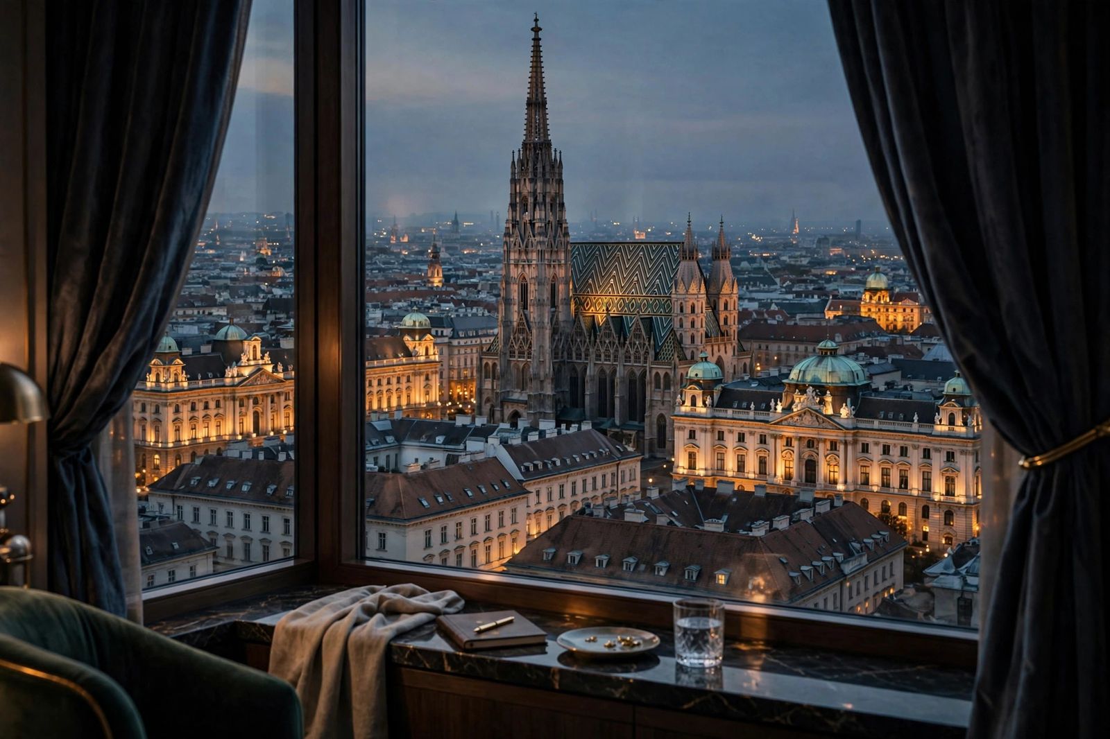 Vienna's St. Stephen's Cathedral glowing at dusk, seen from a luxury hotel suite window at one of the best luxury hotels in Vienna