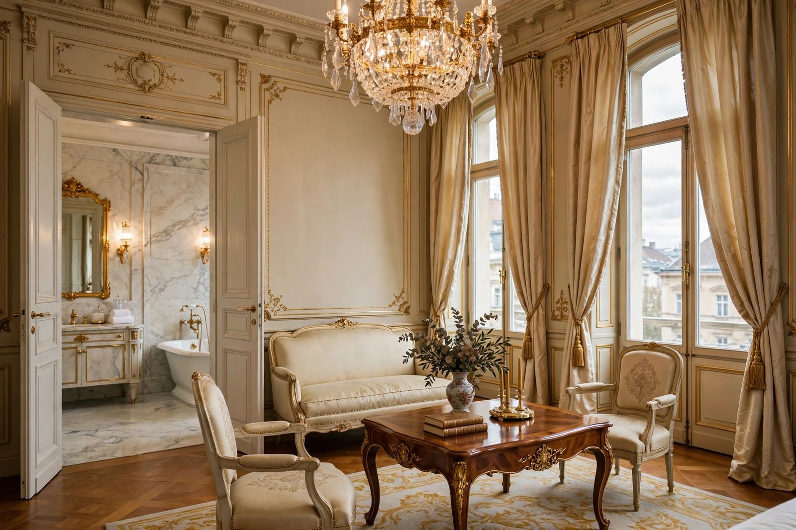 Elegant imperial luxury hotel suite interior with crystal chandelier, typical of the best luxury hotels in Vienna