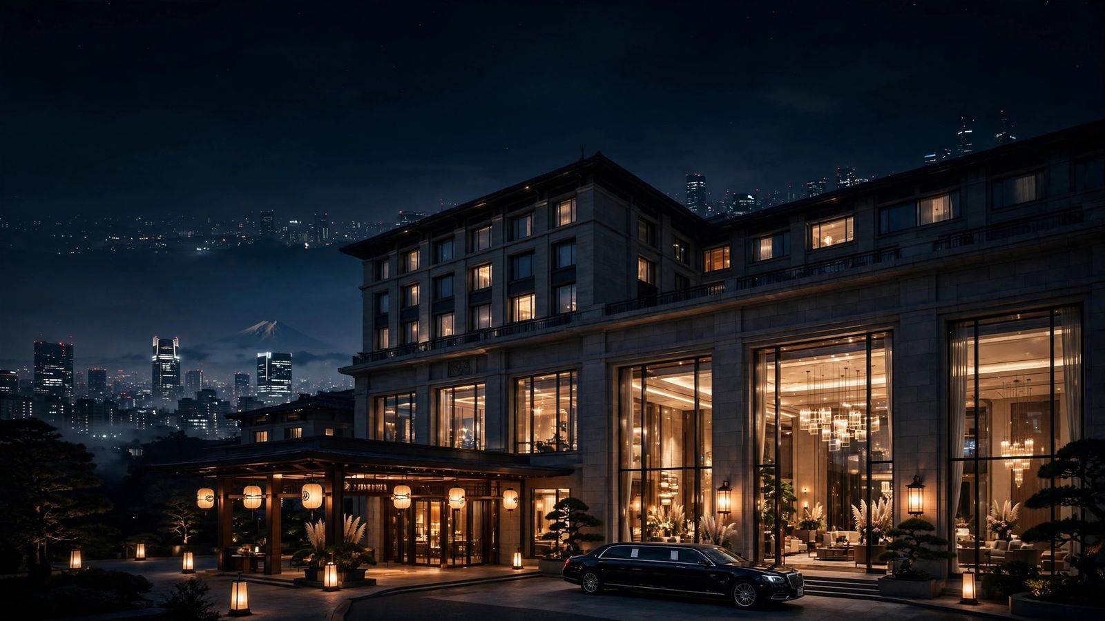 Tokyo skyline at night behind a glowing luxury hotel entrance, guide to the best luxury hotels in Tokyo