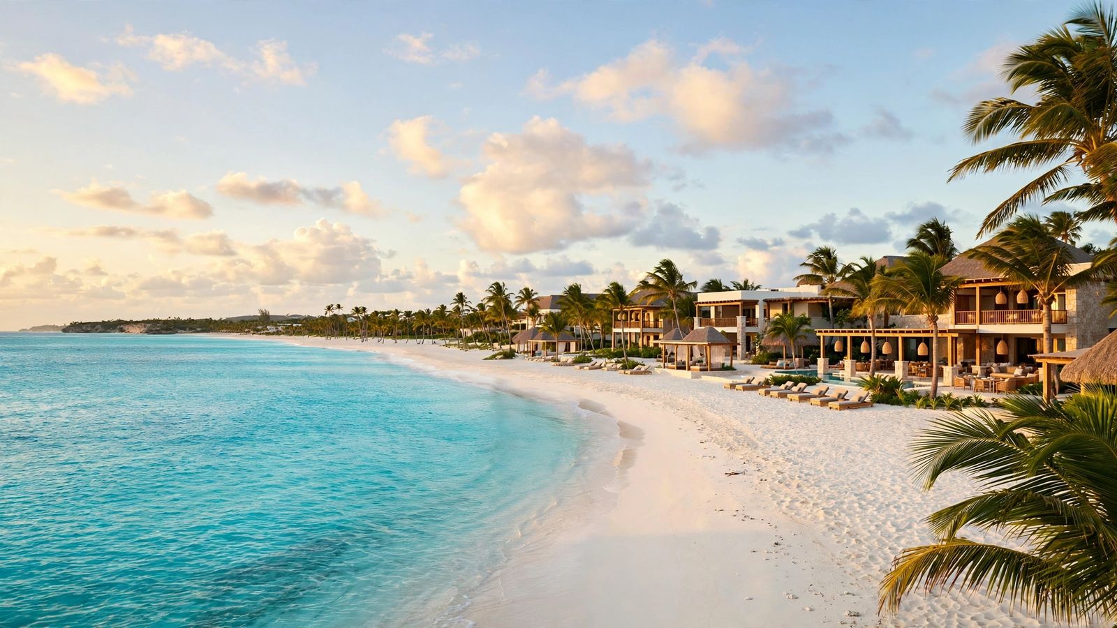 Beachfront luxury resort on Grace Bay at golden hour, one of the best luxury resorts in Turks and Caicos