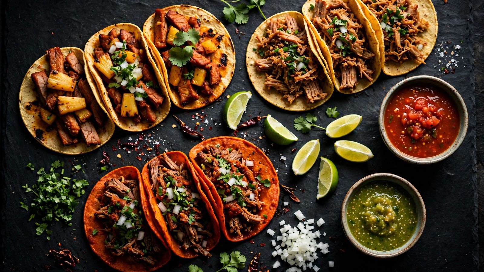 Overhead spread of the best tacos in Los Angeles: al pastor, carnitas, and birria tacos with lime, cilantro, and salsa